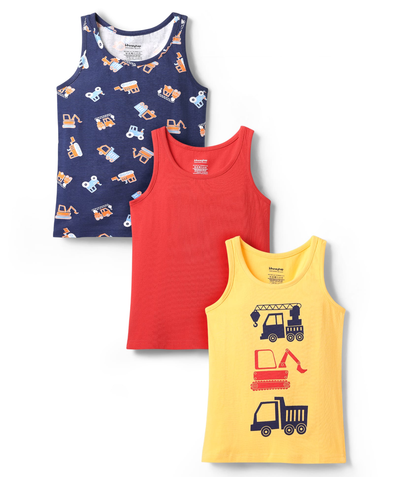 Honeyhap Premium Cotton Spandex Knit Sleeveless Vests With Bio Finish & Vehicle Print Pack of 3 - Navy Peony High Risk Red Snapdragon-picture-32