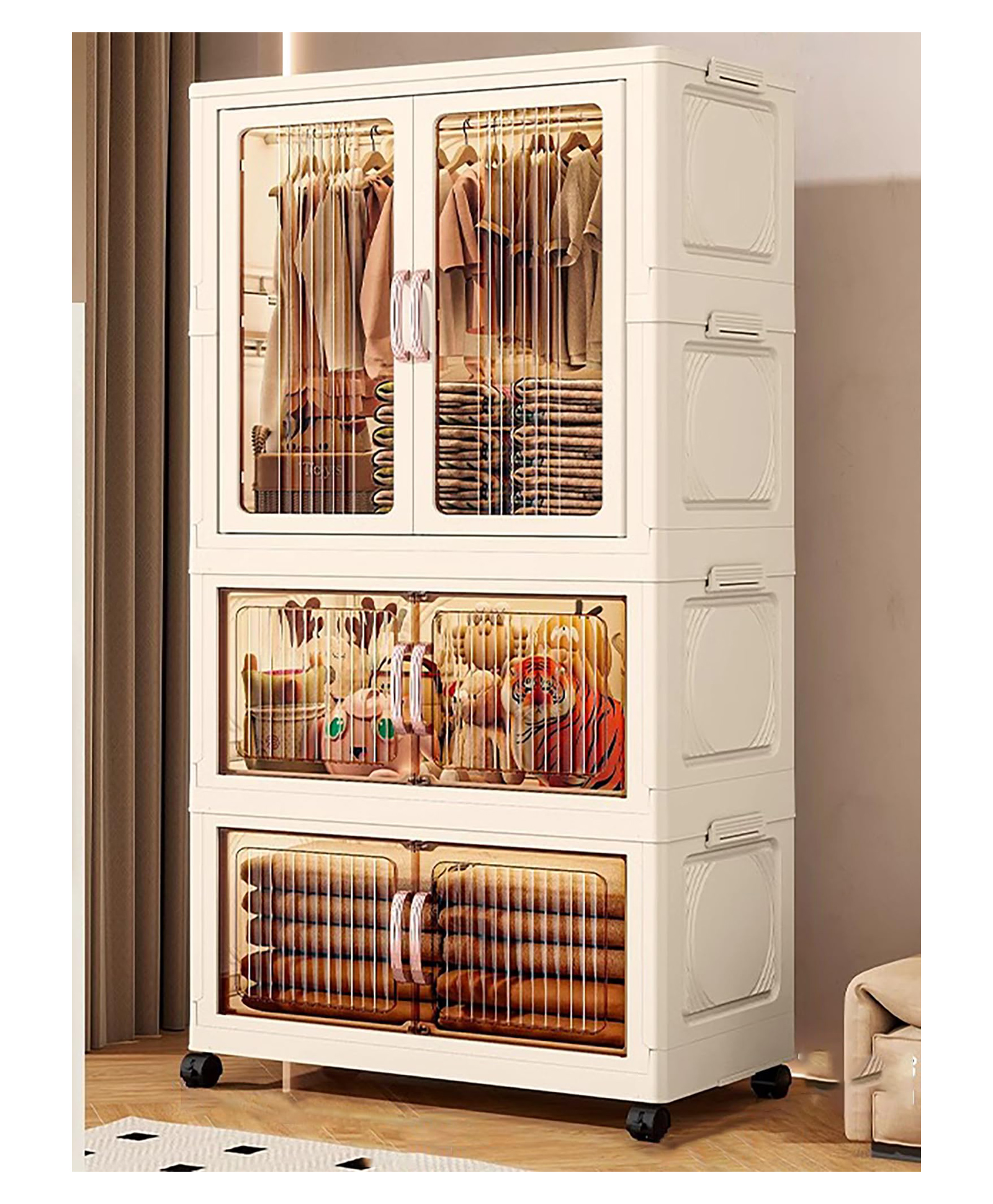 House of Quirk Clothes Storage Box Cabinet Simple Free Installation Wardrobe for Baby and Kids | Storage Organizer with Plastic 8 Hanger Spacious Compartments Ideal for Bedroom 3 Layer 66cm