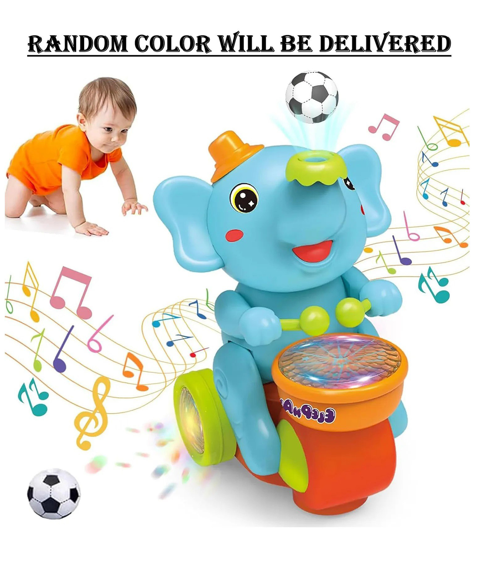ADKD Elephant Musician Toy Walking Drum Playing with 2 Ball Electric Toys for Kids (Color May Vary)