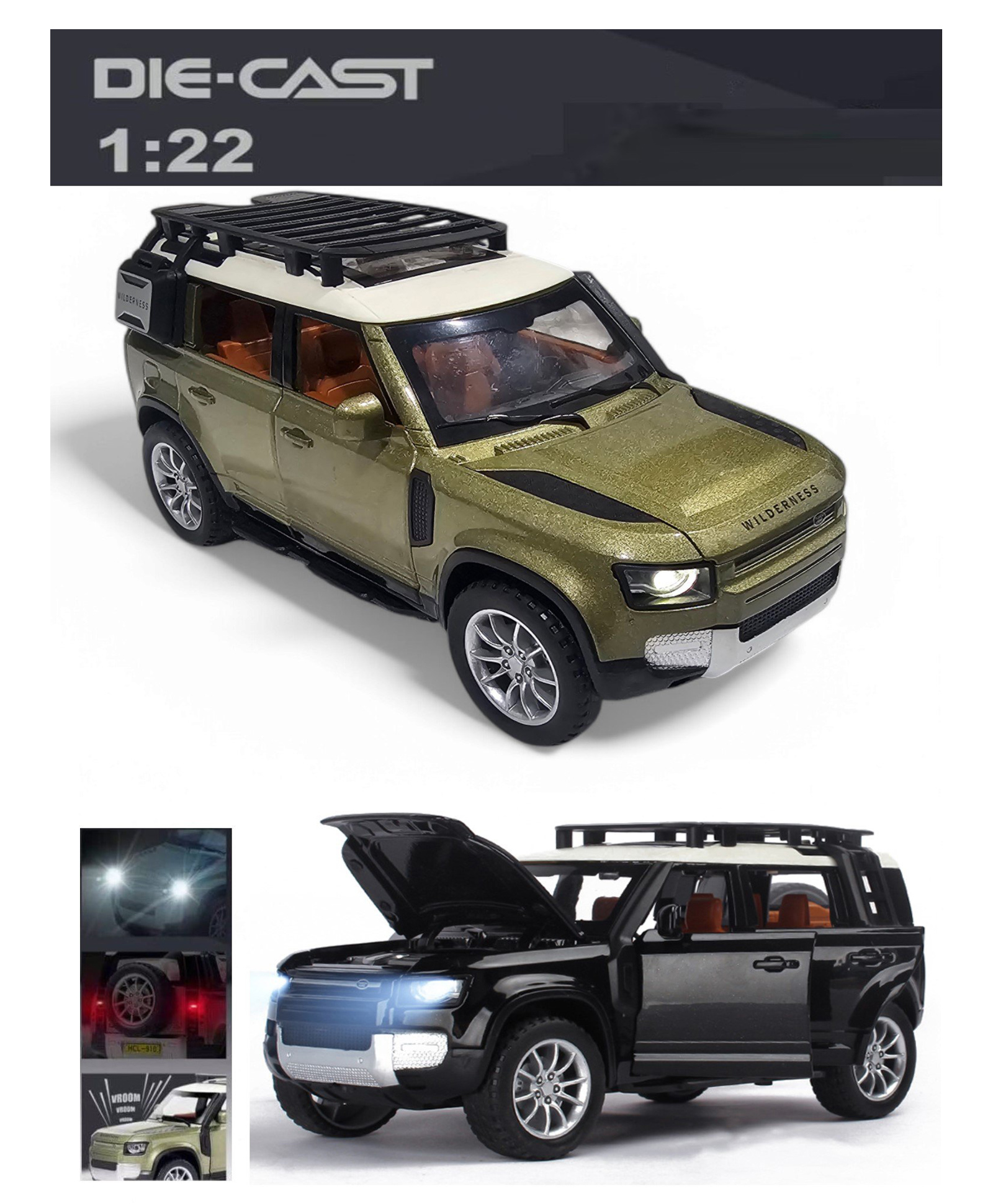 ADKD 1:22 Scale Die Cast Land Rover Defender Car Model Metal Car with Openable Doors & Pull Back with Sound and Light - (Colour May Vary/ Random Color)