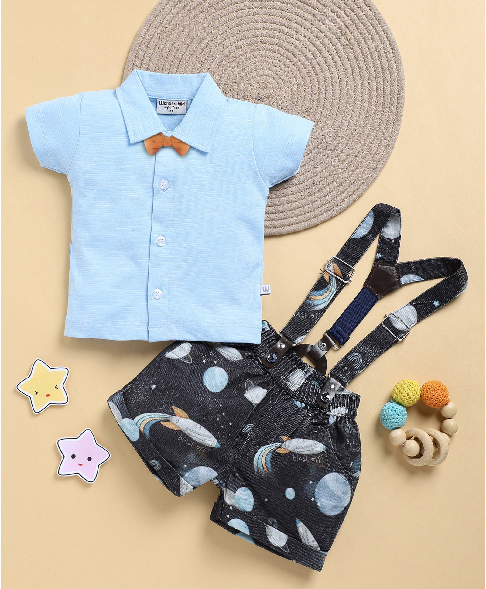 Wonderchild Half Sleeves Solid Shirt With Space Theme Printed Shorts & Suspender Set - Baby & Navy Blue-picture-19
