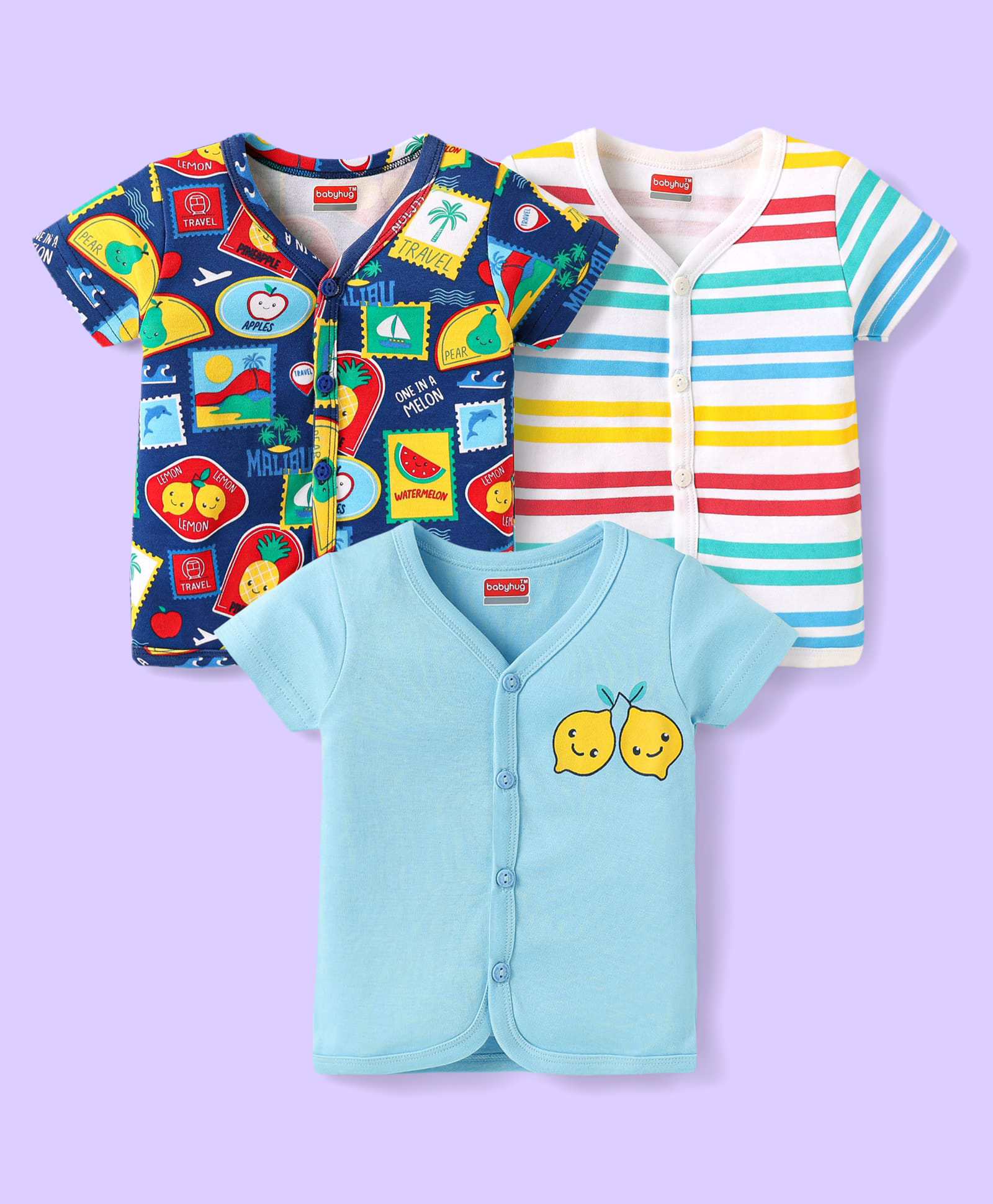 Babyhug 100% Cotton Interlock KnitHalf Sleeves Front Open Vests With Striped & Fruits Print Pack Of 3 - Light Blue Navy Blue & White-picture-26
