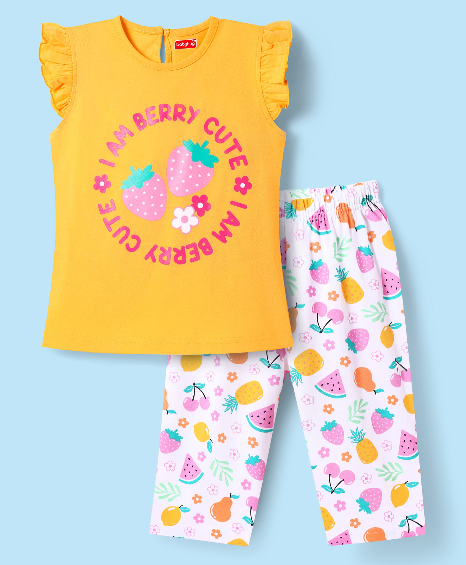 Babyhug Cotton Knit Sleeveless Capri Nightsuit With Strawberry Print - White & Yellow-image-7