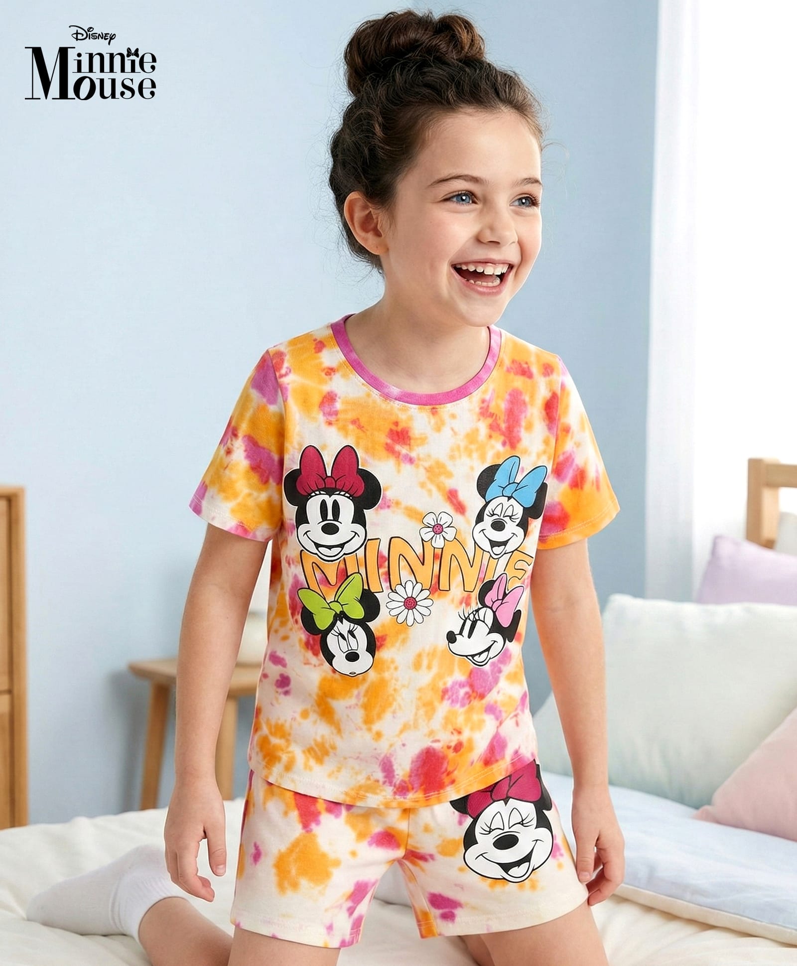 HoneyHap Disney Single Jersey Knit Half Sleeves Short Night Suit With Minnie Mouse Graphics & Tie and Dye Detailing - Multicolour-image-39