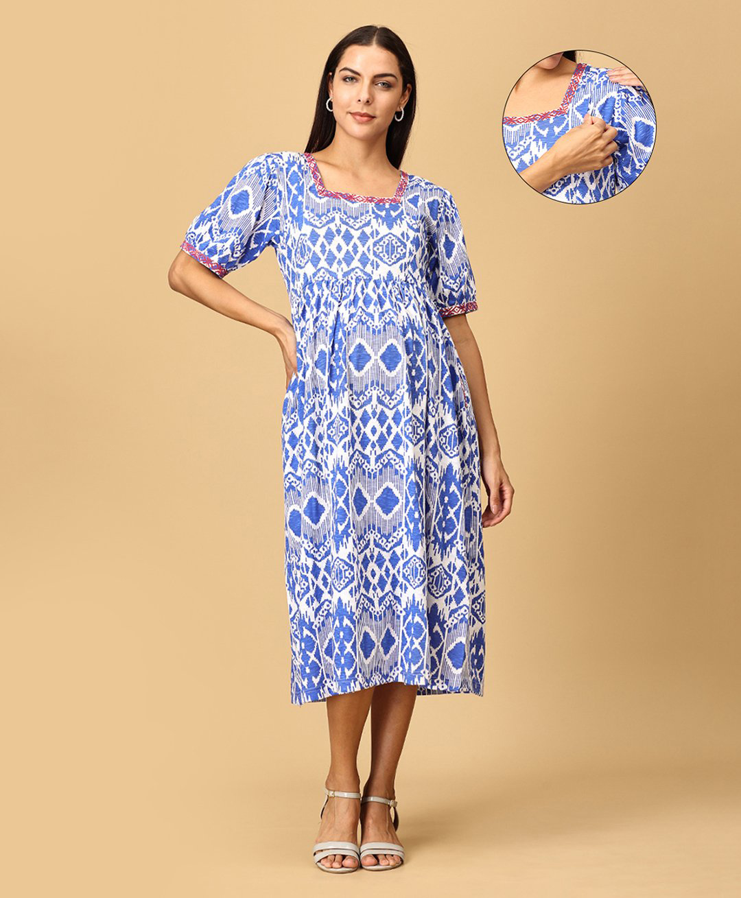 The Mom Store Cotton Half Sleeves Geometric Printed Maternity Dress With Nursing Access - Multi Colour-image-36