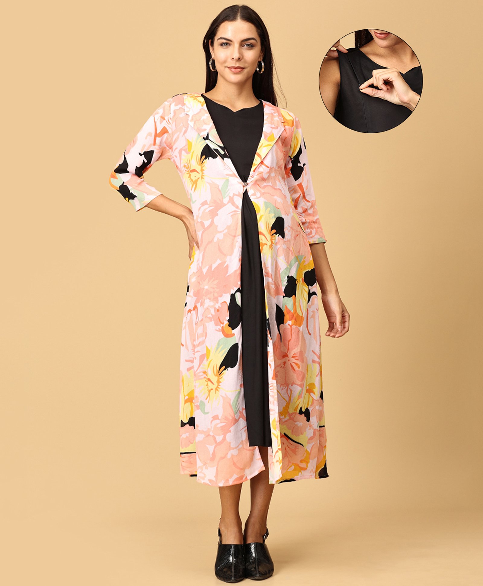 The Mom Store Cotton Rayon Solid Dress With Nursing Access & Three Fourth Sleeves Floral Printed Shacket - Multi Colour-image-8