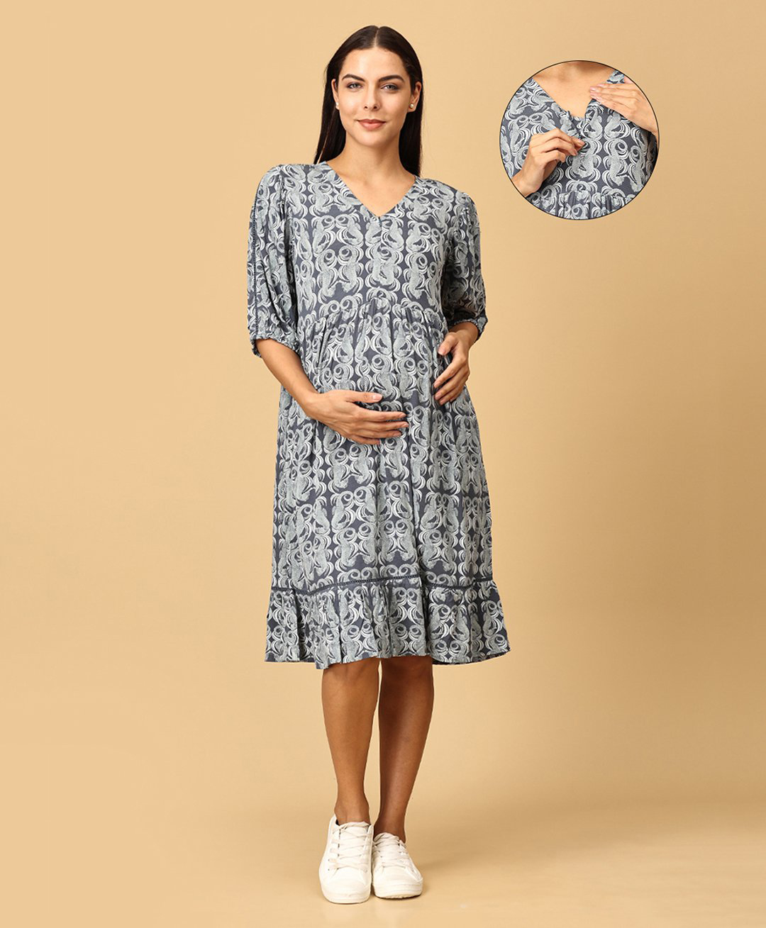 The Mom Store Cotton Lycra Three Fourth Sleeves Sea Horse Printed Maternity Dress With Nursing Access - Multi Colour-image-42