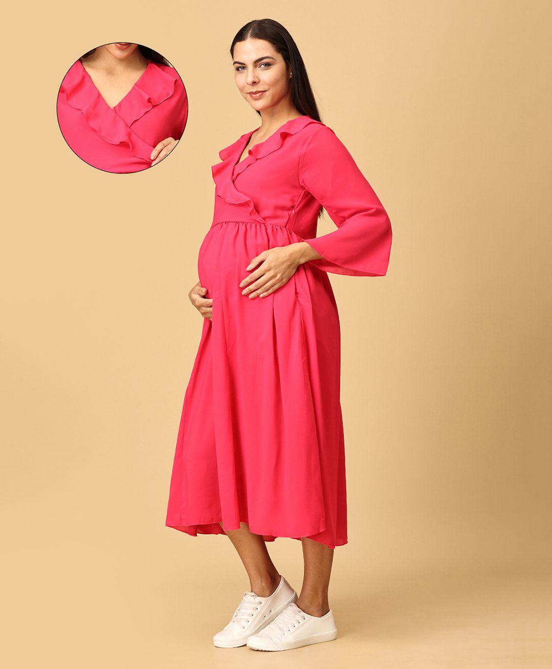 The Mom Store Georgette Three Fourth Bell Sleeves Solid Maternity Dress With Nursing Access - Fuchsia-image-14