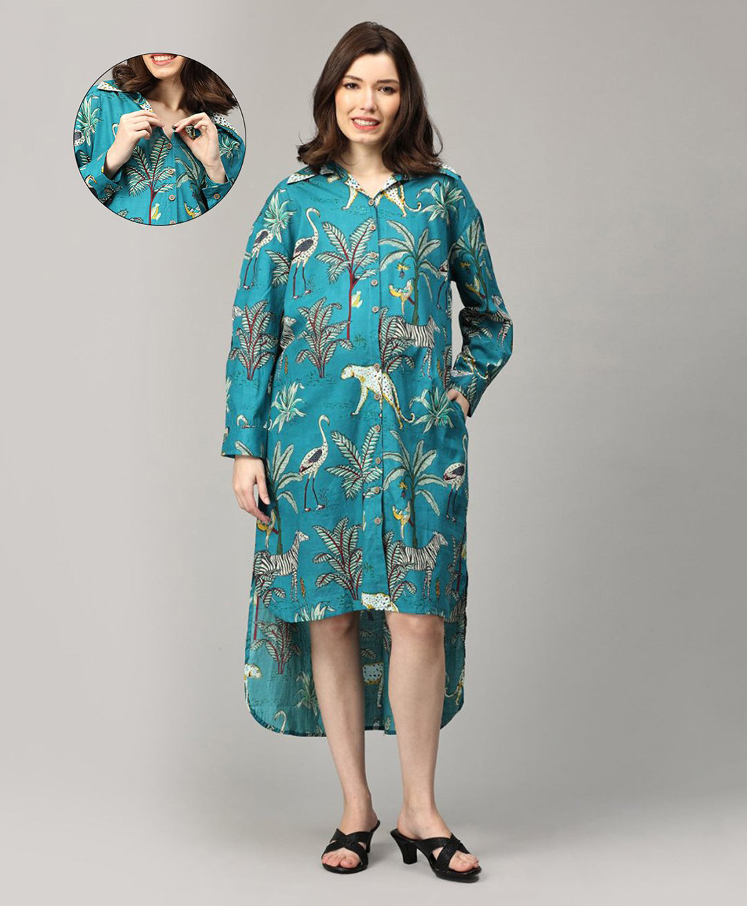 The Mom Store Cotton Full Sleeves Animals Printed High Low Maternity Dress With Nursing Access - Multi Colour-picture-39