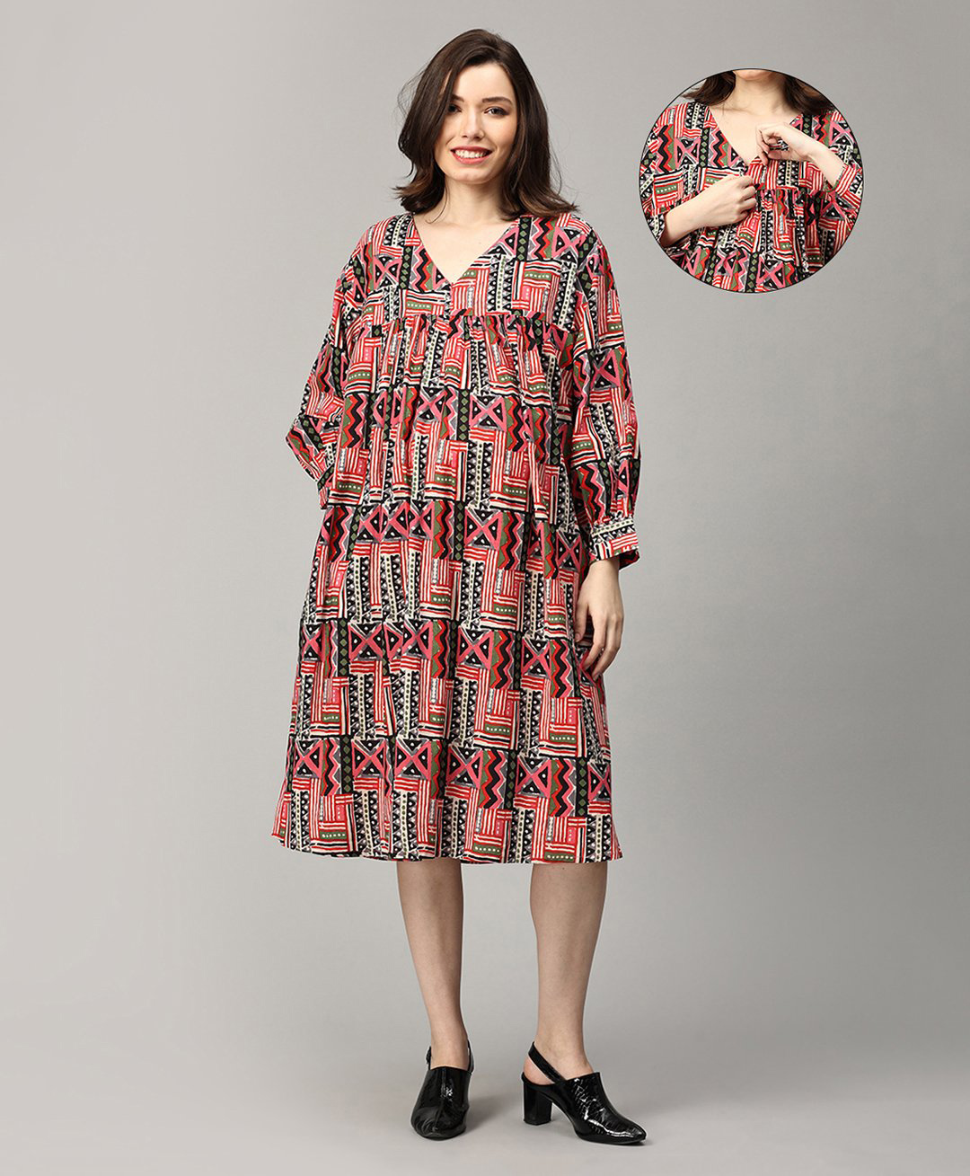 The Mom Store Cotton Full Sleeves Abstract Printed Maternity Dress With Nursing Access - Multi Colour-picture-42