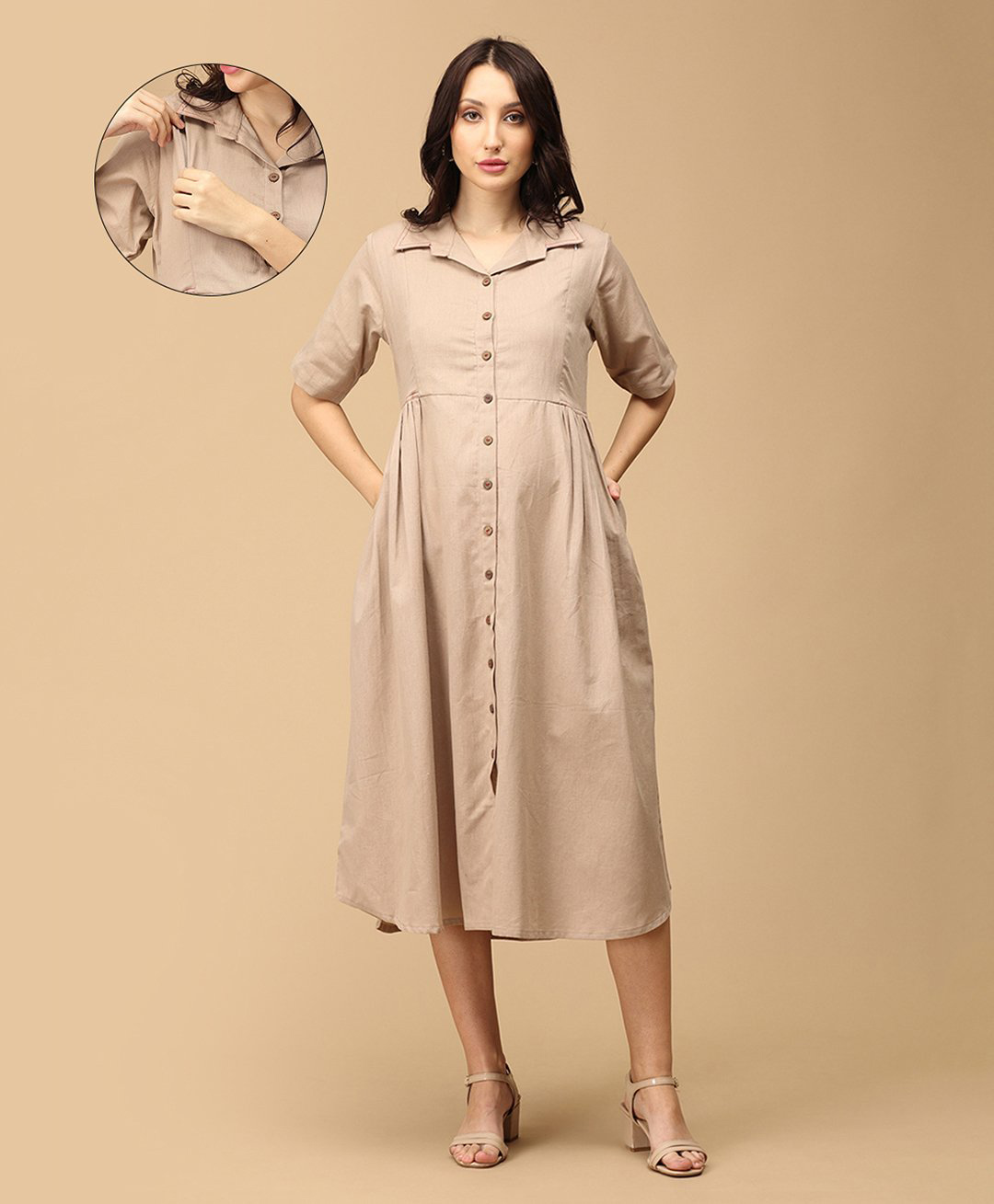 The Mom Store Cotton Blend Half Sleeves Solid Maternity Dress With Nursing Access - Beige-picture-43