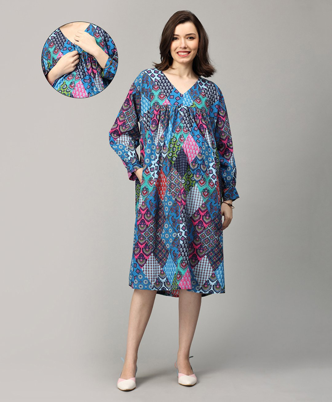 The Mom Store Cotton Full Sleeves Floral & Paisleys Printed Maternity Dress With Nursing Access - Multi Colour-picture-40
