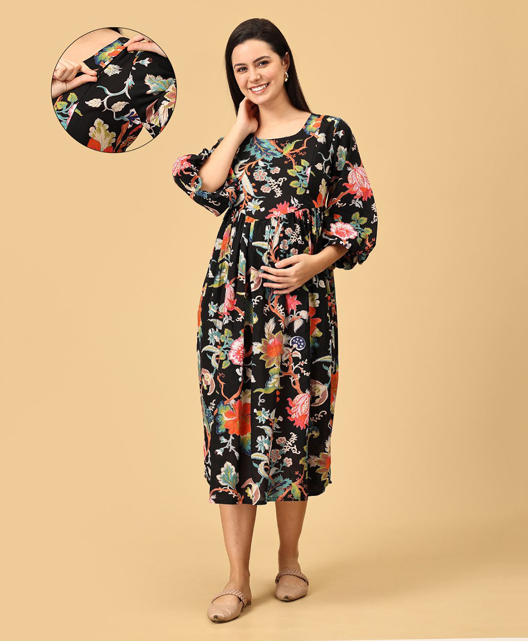 The Mom Store Cotton Three Fourth Balloon Sleeves Floral Printed Maternity Dress With Nursing Access - Multi Colour-image-19