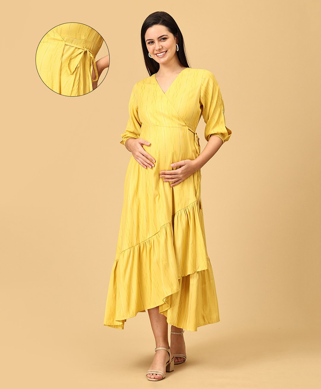 The Mom Store Cotton Blend Three Fourth Sleeves Abstract Printed Maternity Wrap Dress With Zipless Nursing Access - Yellow-picture-20