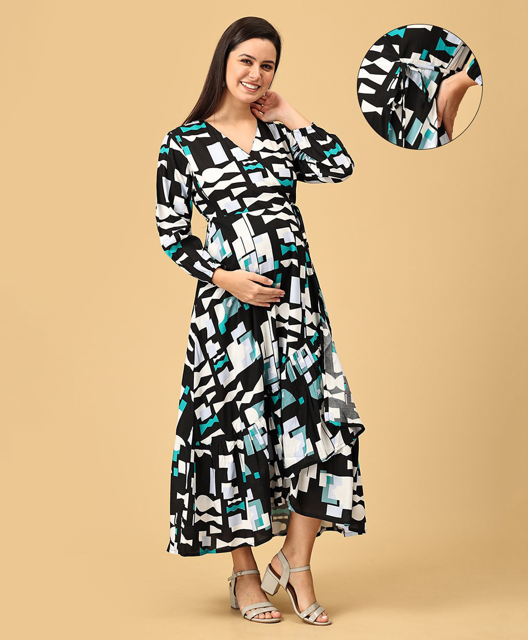 The Mom Store Cotton Blend Three Fourth Sleeves Geometric Printed Maternity Wrap Dress With Zipless Nursing Access - Multi Colour-picture-21
