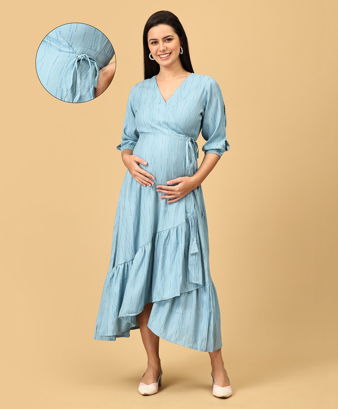 The Mom Store Cotton Blend Three Fourth Sleeves Abstract Printed Maternity Wrap Dress With Zipless Nursing Access - Blue-image-21