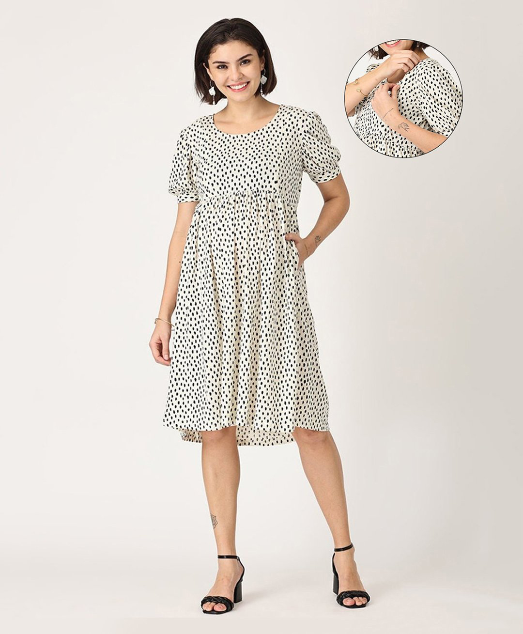 The Mom Store Cotton Half Sleeves Dots Printed Maternity Dress With Zipless Nursing Access - White-image-9