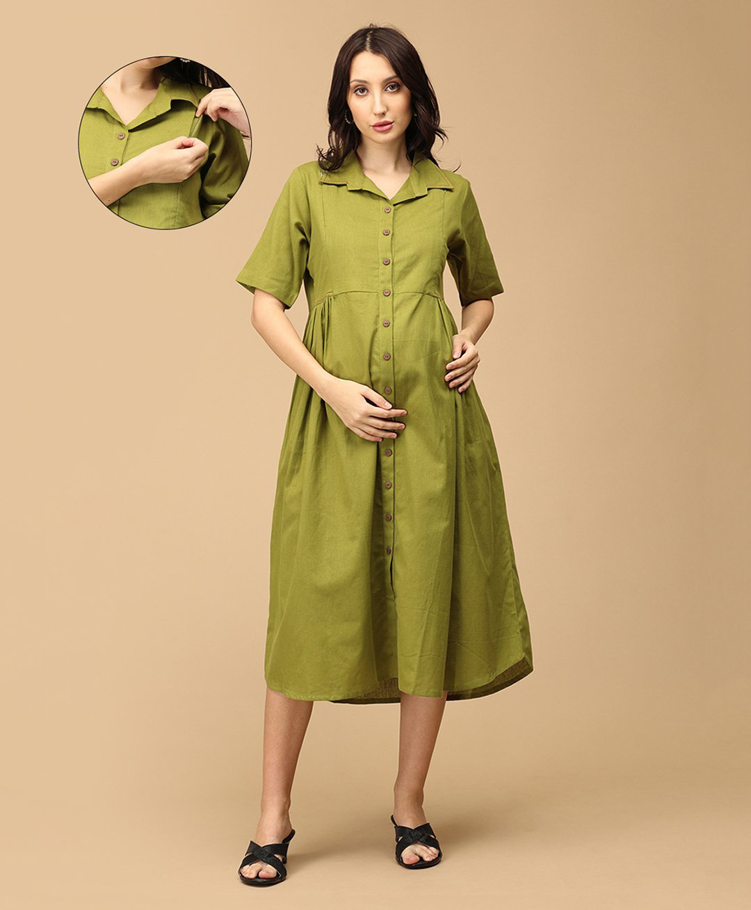 The Mom Store Cotton Blend Half Sleeves Solid Shirt Style Maternity Dress With Zipper Nursing Access - Olive Green-picture-23