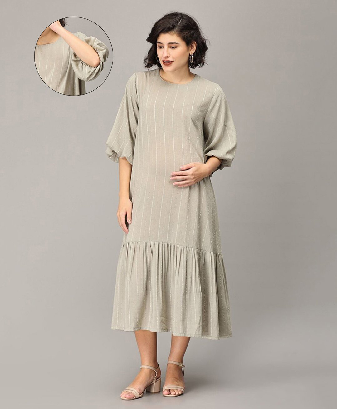 The Mom Store Rayon Three Fourth Sleeves Striped Oversized Tunic Maternity Dress - Pastel Green-image-9