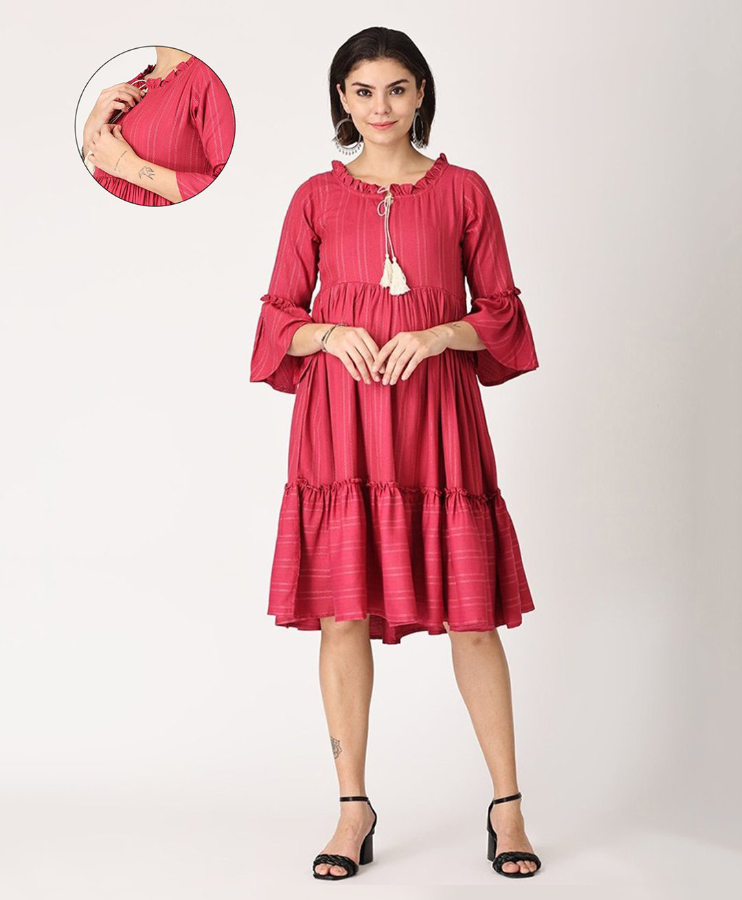 The Mom Store Cotton Three Fourth Bell Sleeves Solid Layered Maternity Dress With Nursing Access - Maroon-image-17