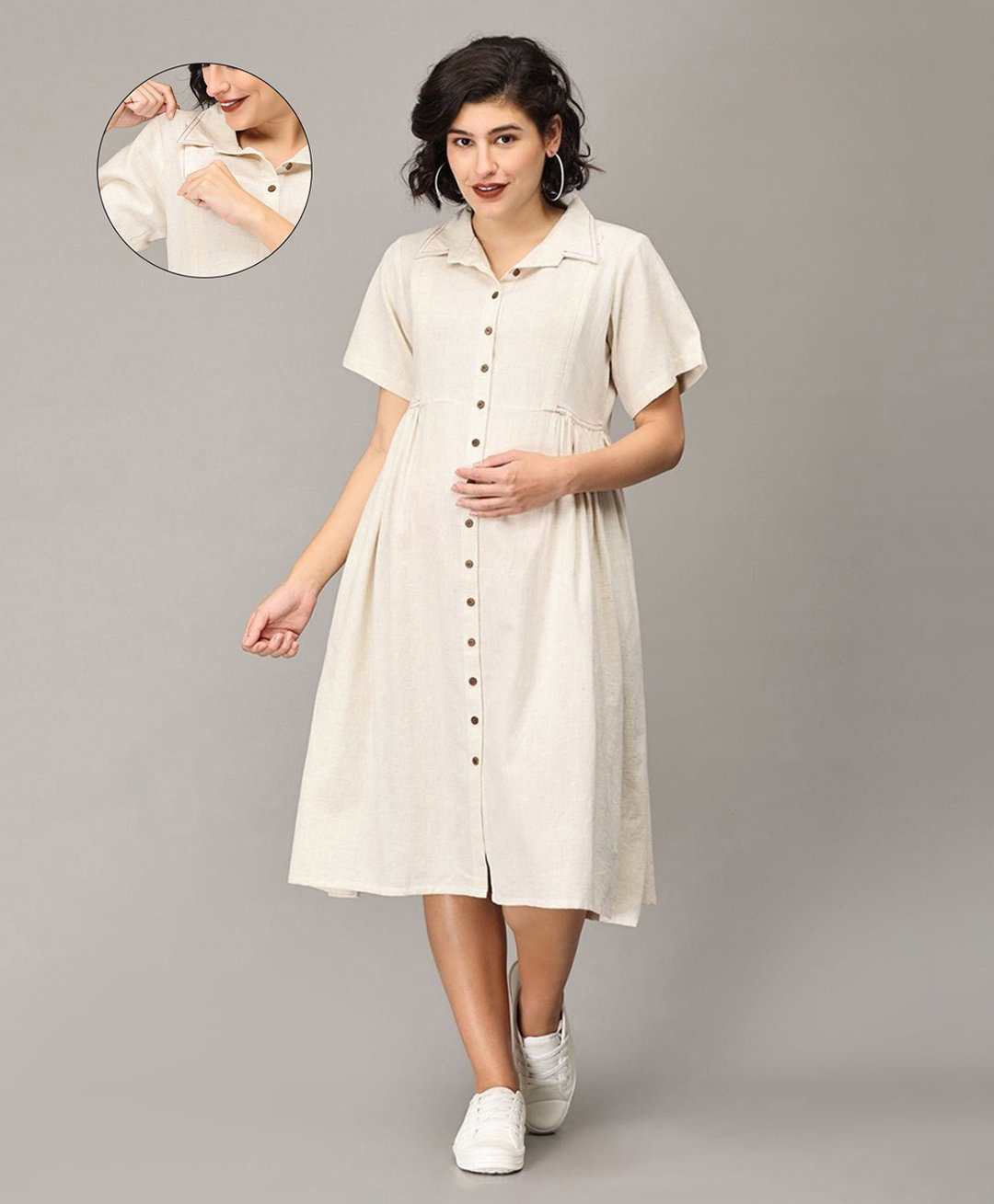 The Mom Store Half Sleeves Solid Maternity Dress With Concealed Zipper Nursing Access - Off White