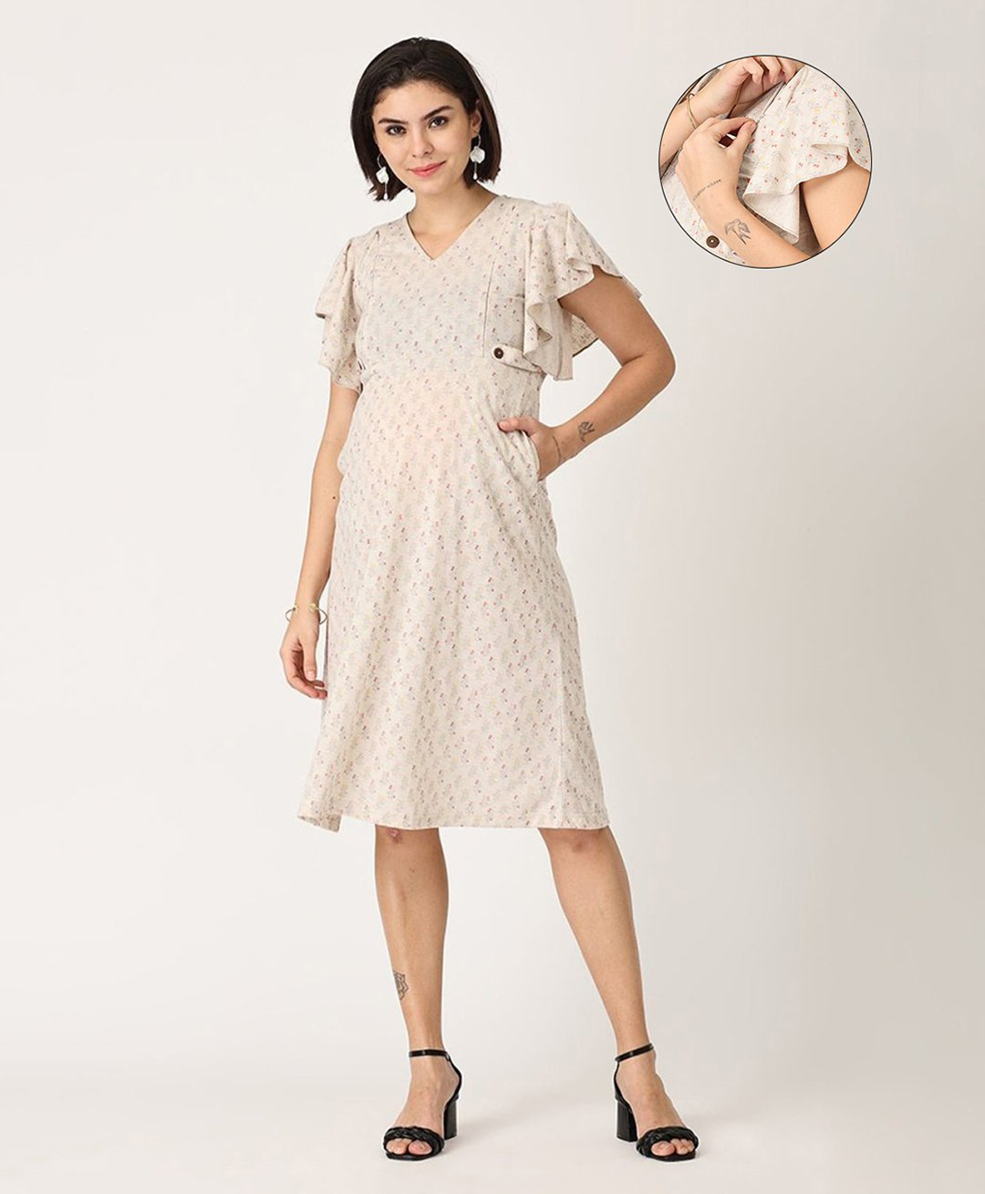 The Mom Store Half Sleeves Floral Printed Maternity Dress With Concealed Zipper Nursing Access - Beige-picture-41