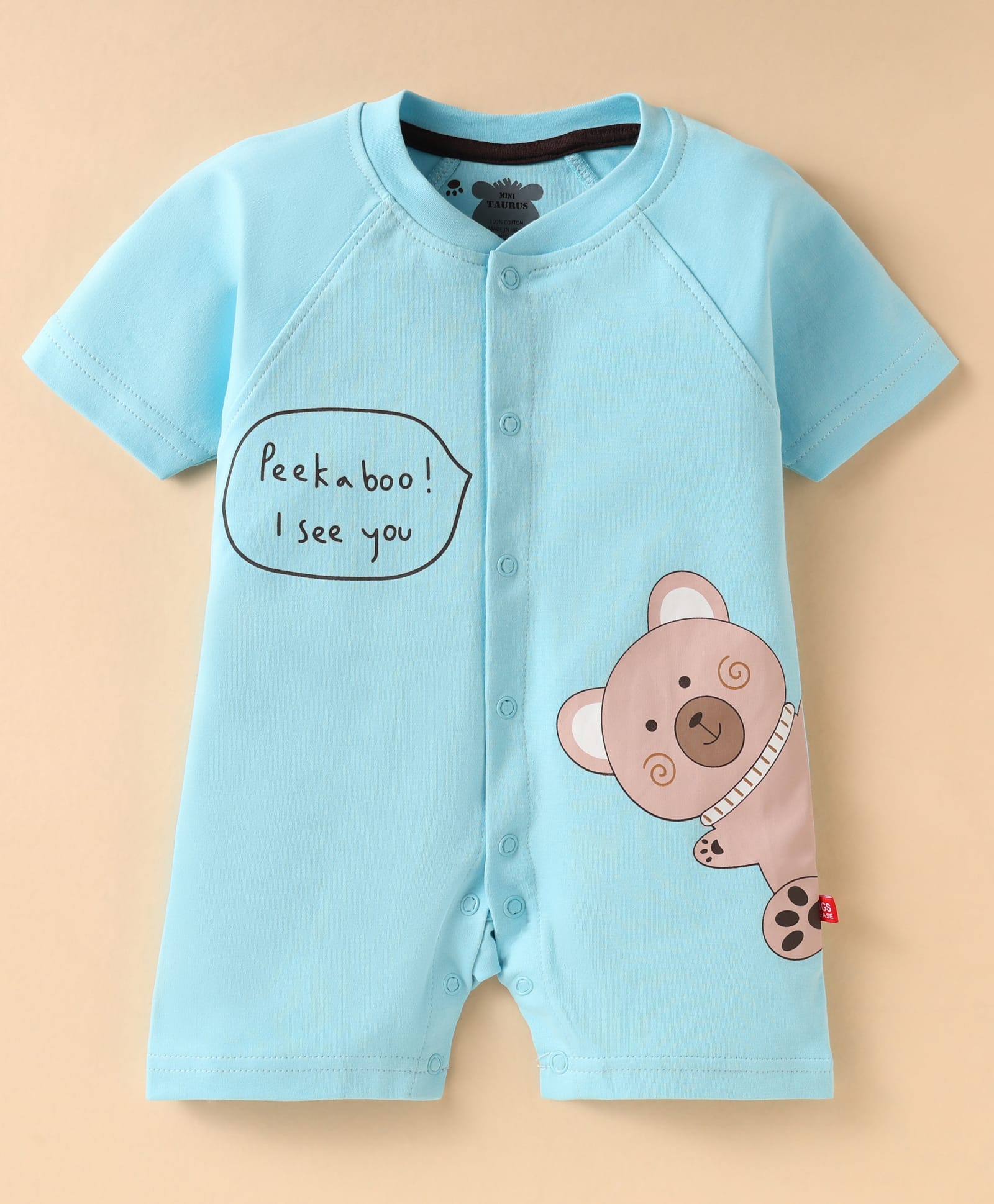 Mini Taurus Cotton Knit Half Sleeves Rompers With Animal Print - Light Blue-picture-11