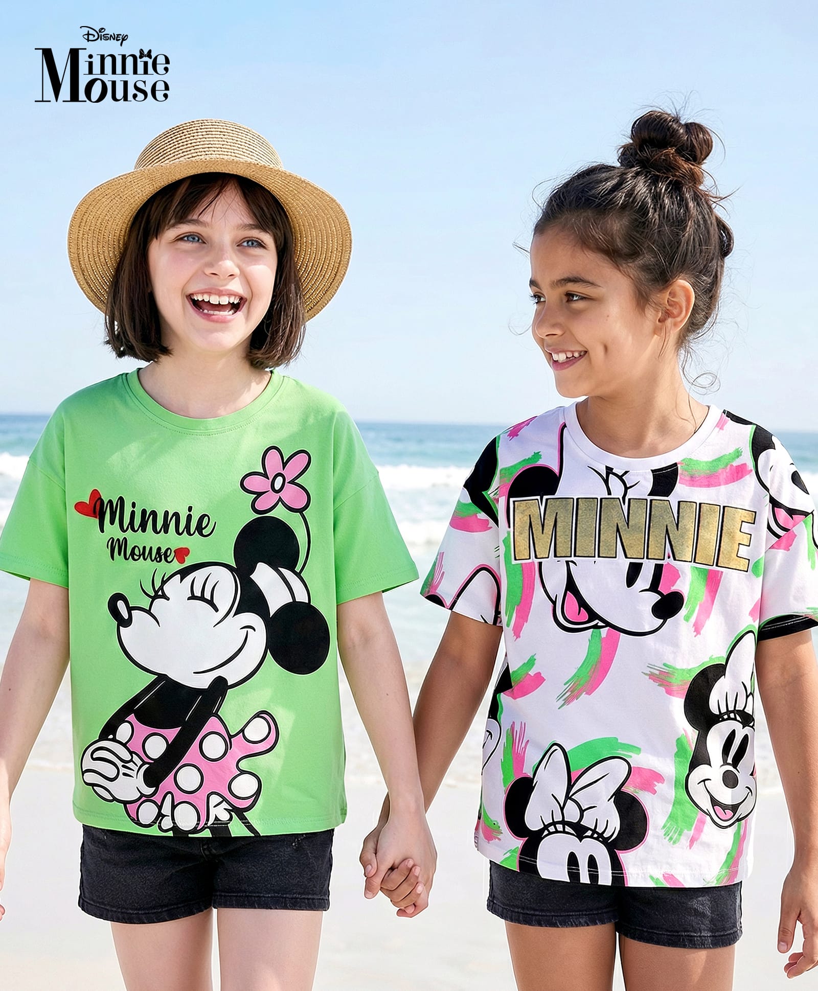 HoneyHap Disney Single Jersey Knit Half Drop Shoulder Sleeves Oversized T-Shirts with Minnie Mouse & Family Foil Graphics Pack of 2 - White & Light Green-image-14