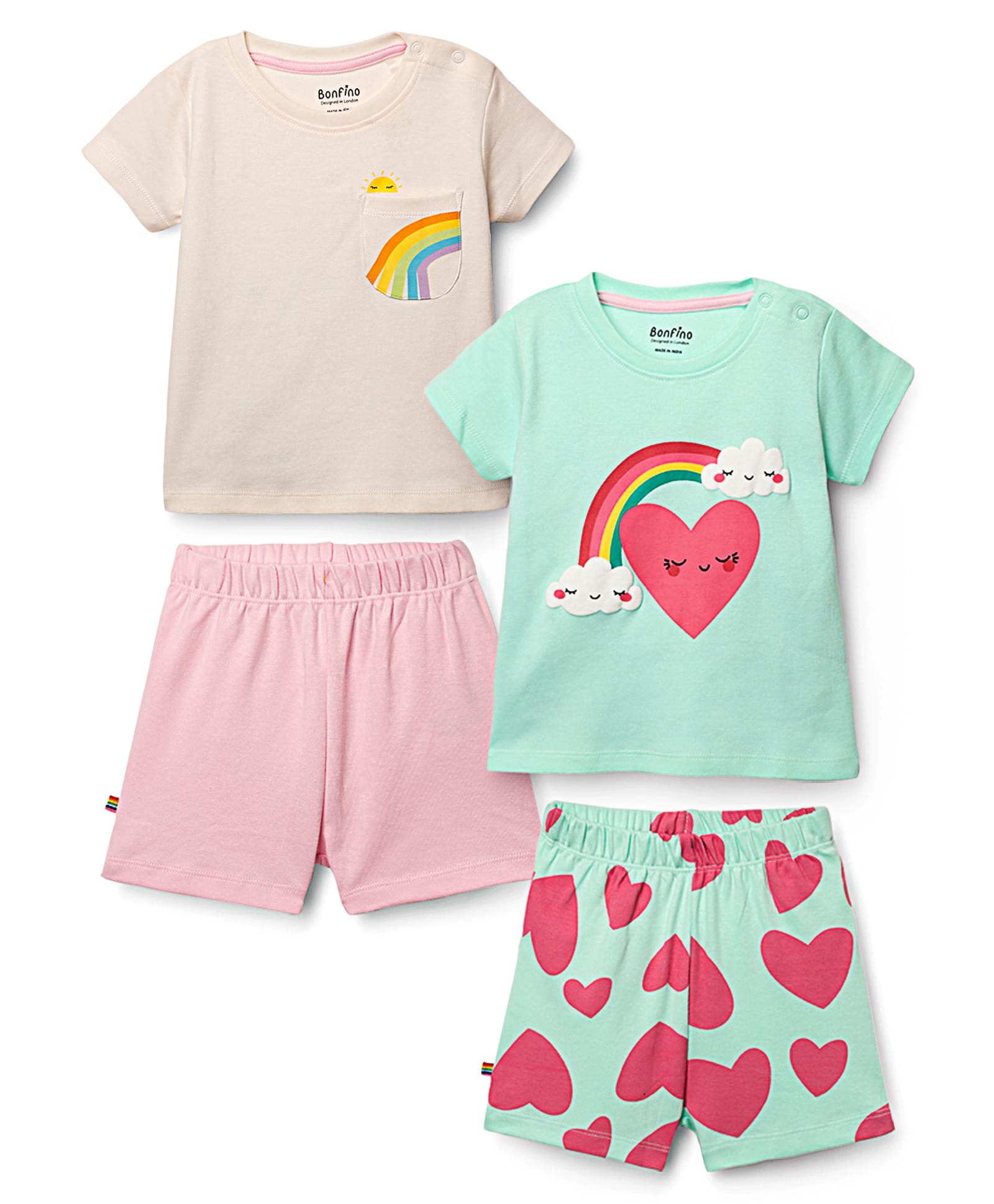 Bonfino 100% Cotton Knit Half Sleeves Heart & Rainbow Printed Shorts Night Suits Pack of 2 - Aqua Blue & Ivory-image-29