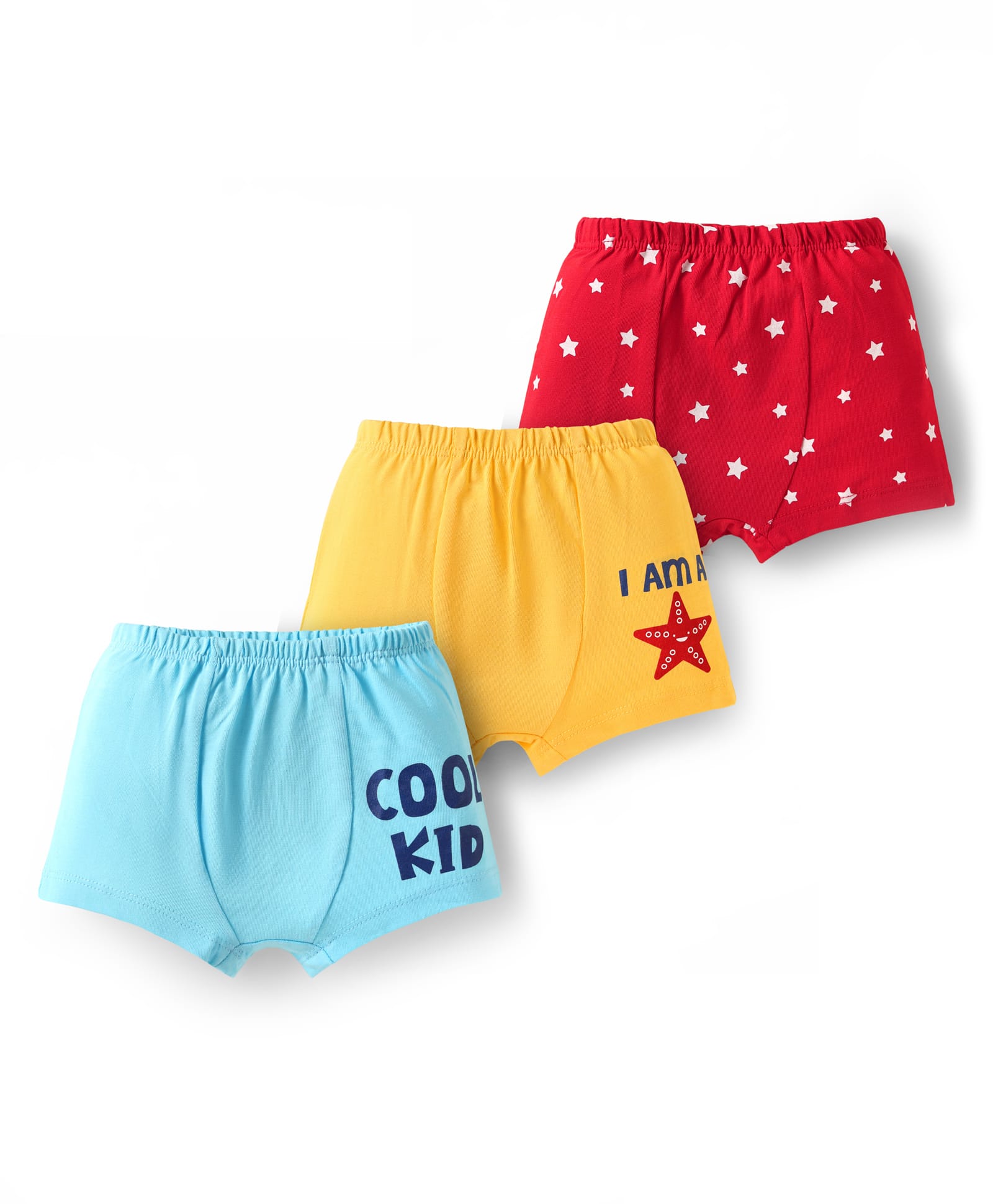 Doodle Poodle 100% Cotton Knit Text & Star Printed Trunks Pack of 3 - Red Yellow & Light Blue-image-10