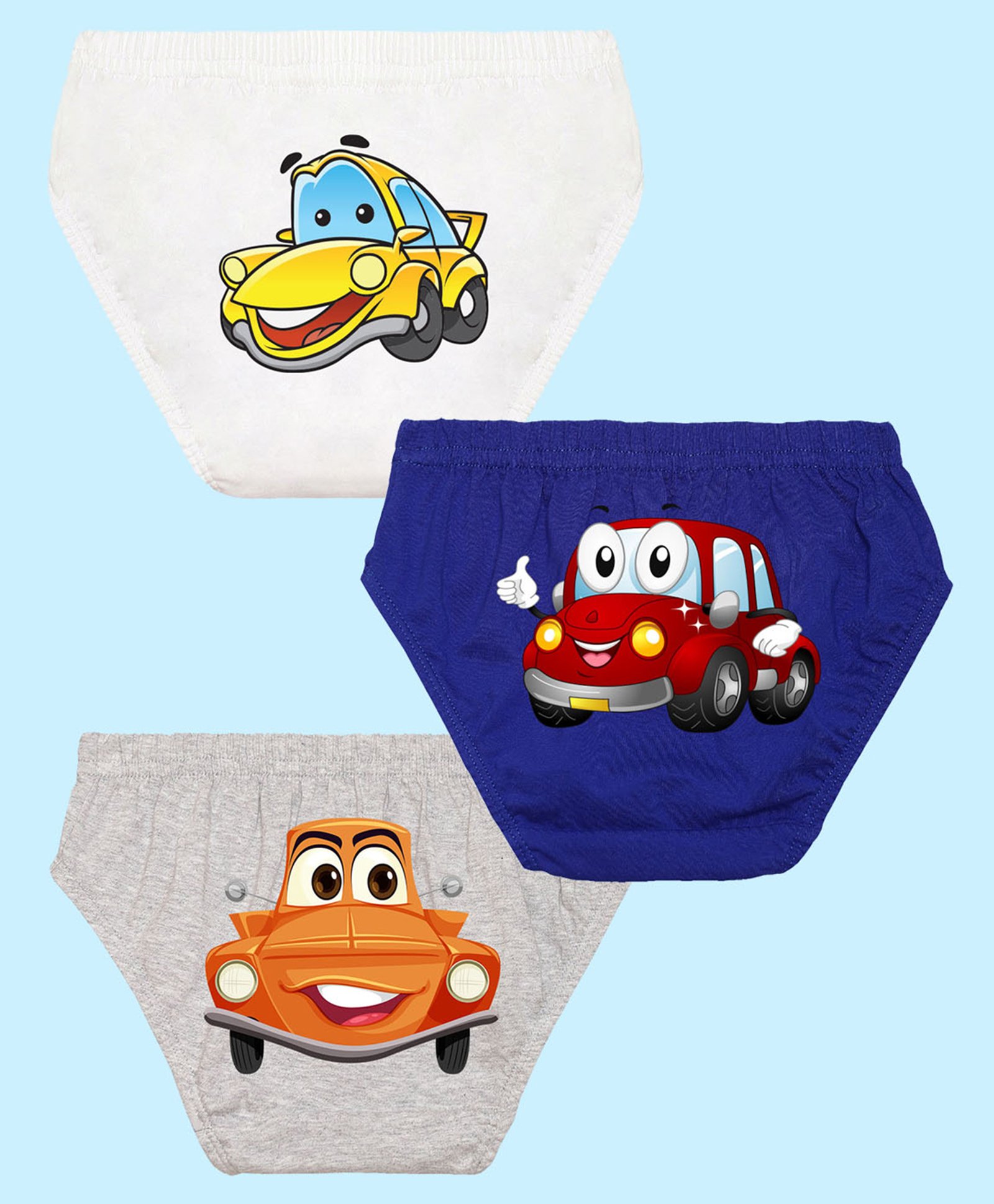 NUSYL Cotton Blend Pack Of 3 Cars Printed Briefs - White Royal Blue & Grey-image-12