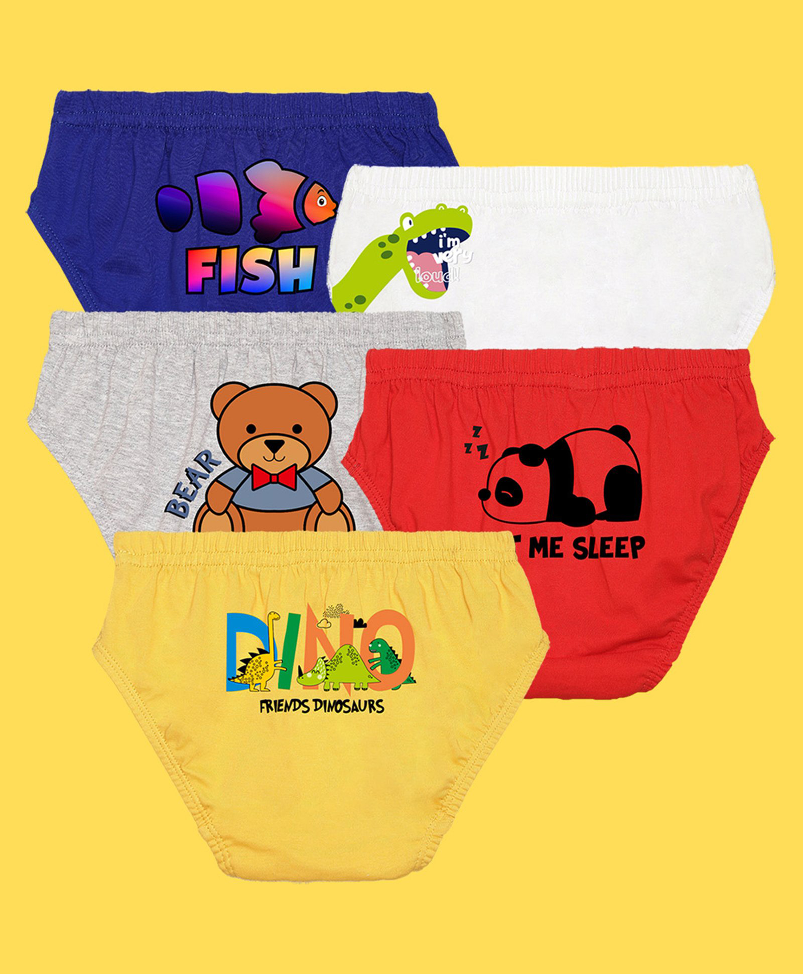 NUSYL Cotton Blend Pack Of 5 Teddy Bear & Typography Printed Briefs - White Red Yellow Grey & Royal Blue-picture-20