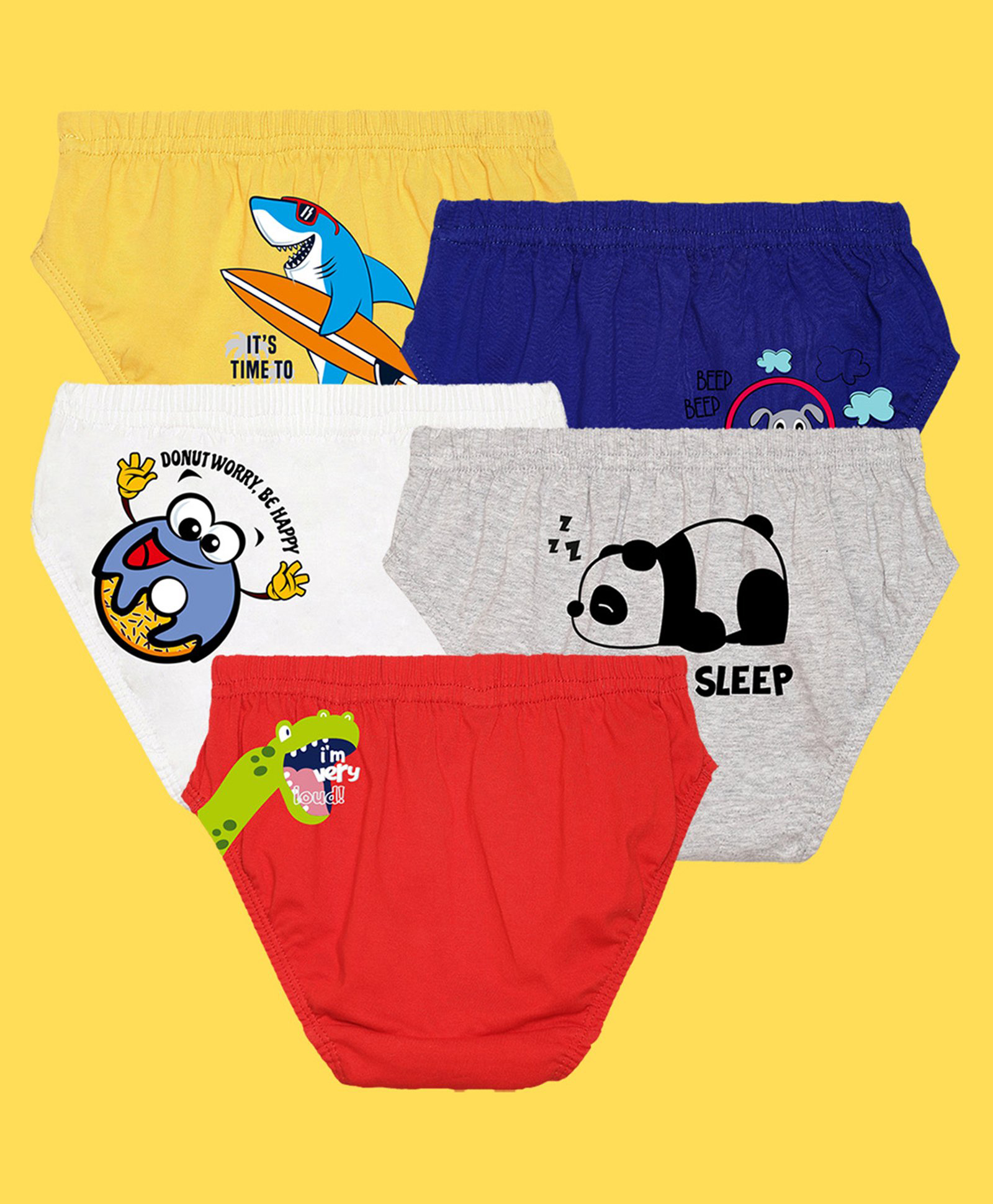 NUSYL Cotton Blend Pack Of 5 Panda & Typography Printed Briefs - White Red Yellow Grey & Royal Blue-image-42
