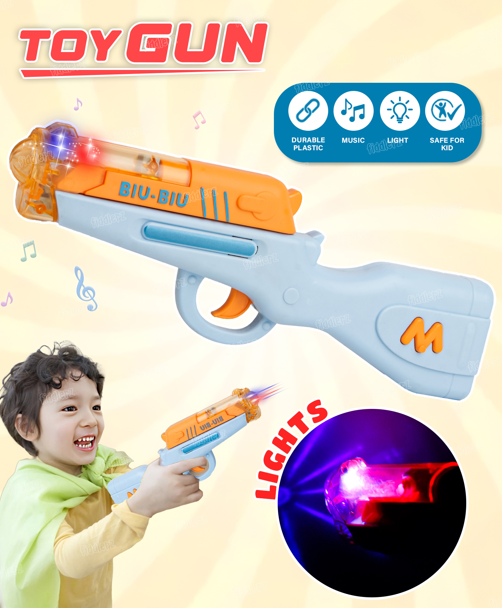 Fiddlerz Electric Toy Gun for Kids with Dazzling Lights and Sound Effects Fun Exciting Play Musical Toy Gun for Boys and Girls - Blue-picture-13