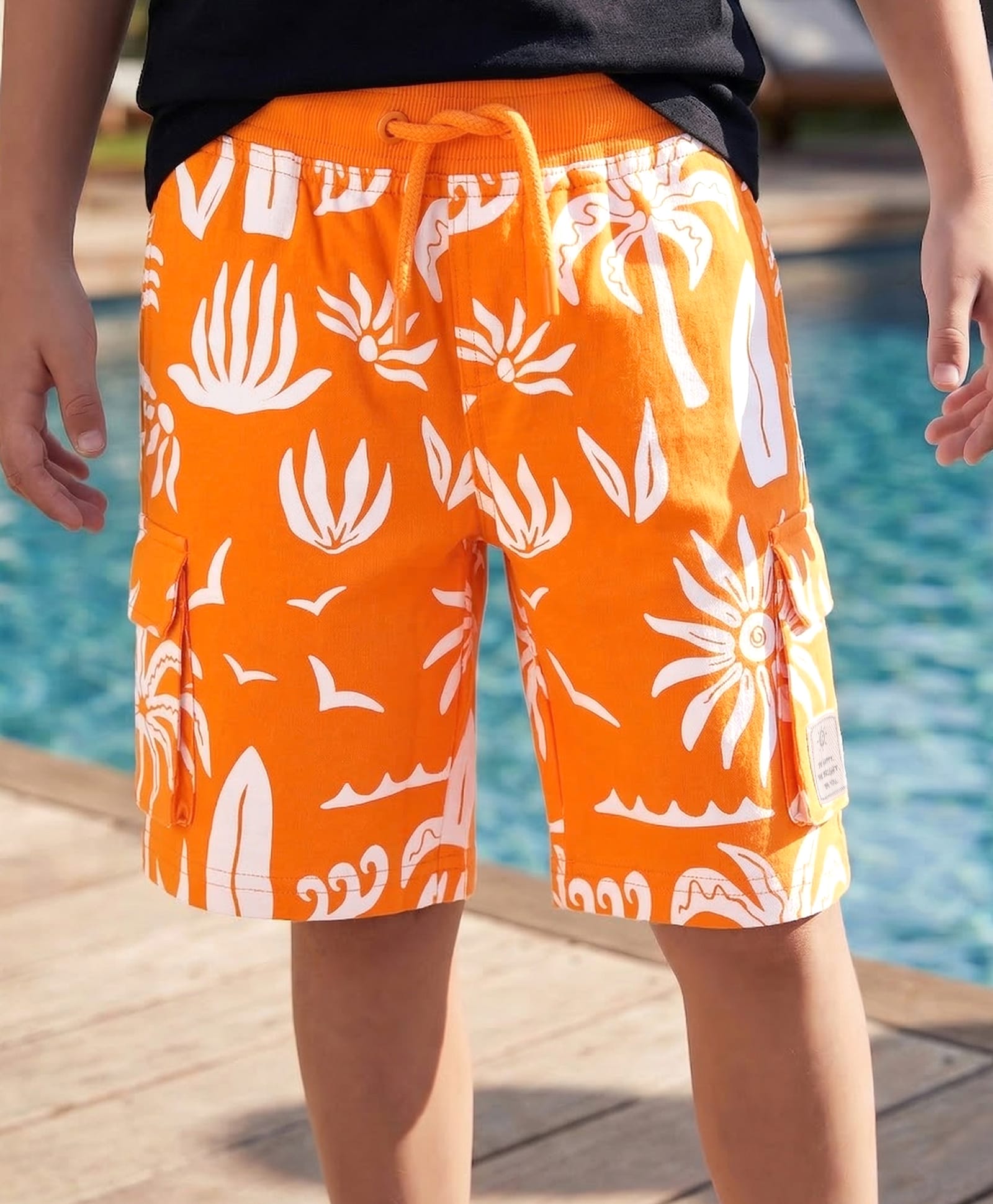 Pine Kids Looper Knit Knee Length Shorts with Beach Theme Print - Orange-picture-24
