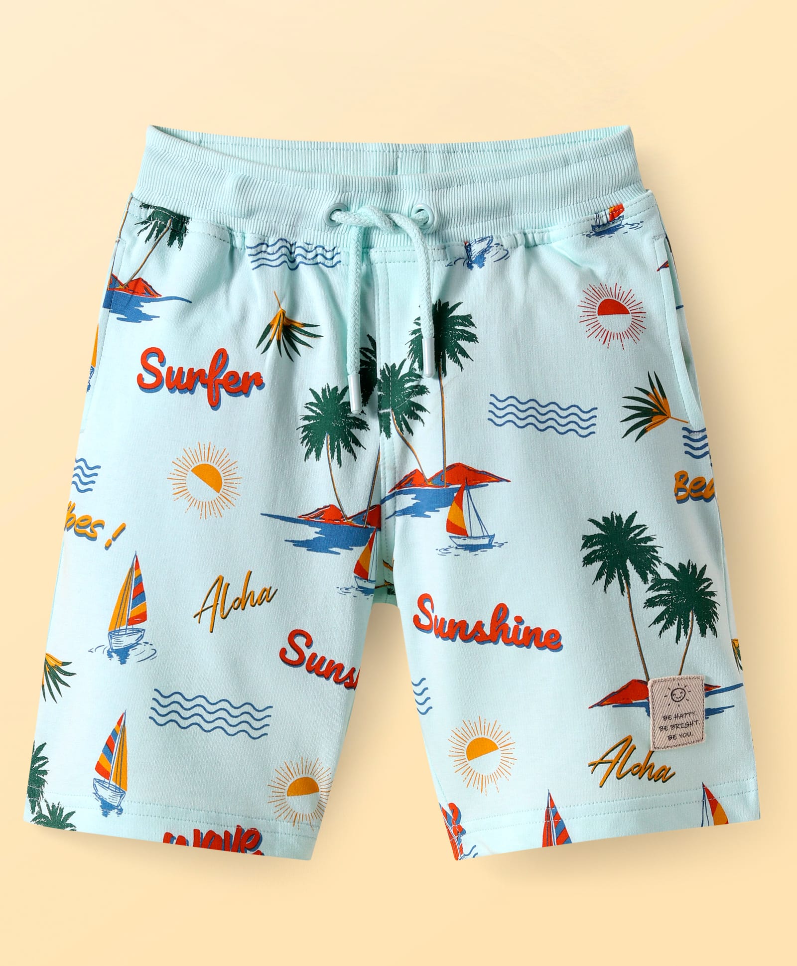 Pine Kids Looper Knit Above Knee Length Shorts with Beach Theme Print - Aqua Blue-picture-27