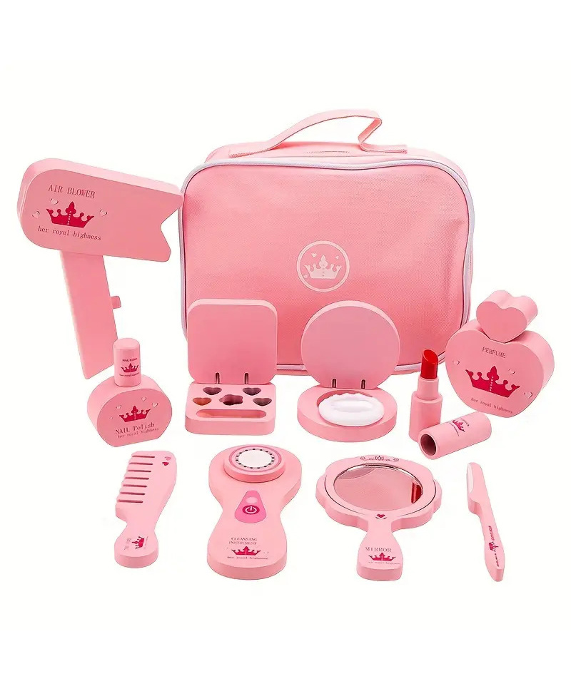 Happy Hues Wooden Make up Kit for Kids Pretend Play Beauty Kit with Bag- Includes Lipstick, Nailpolish, Eyeshadow Set, Comb & More Role Play Toys for Girls-Pink-image-44