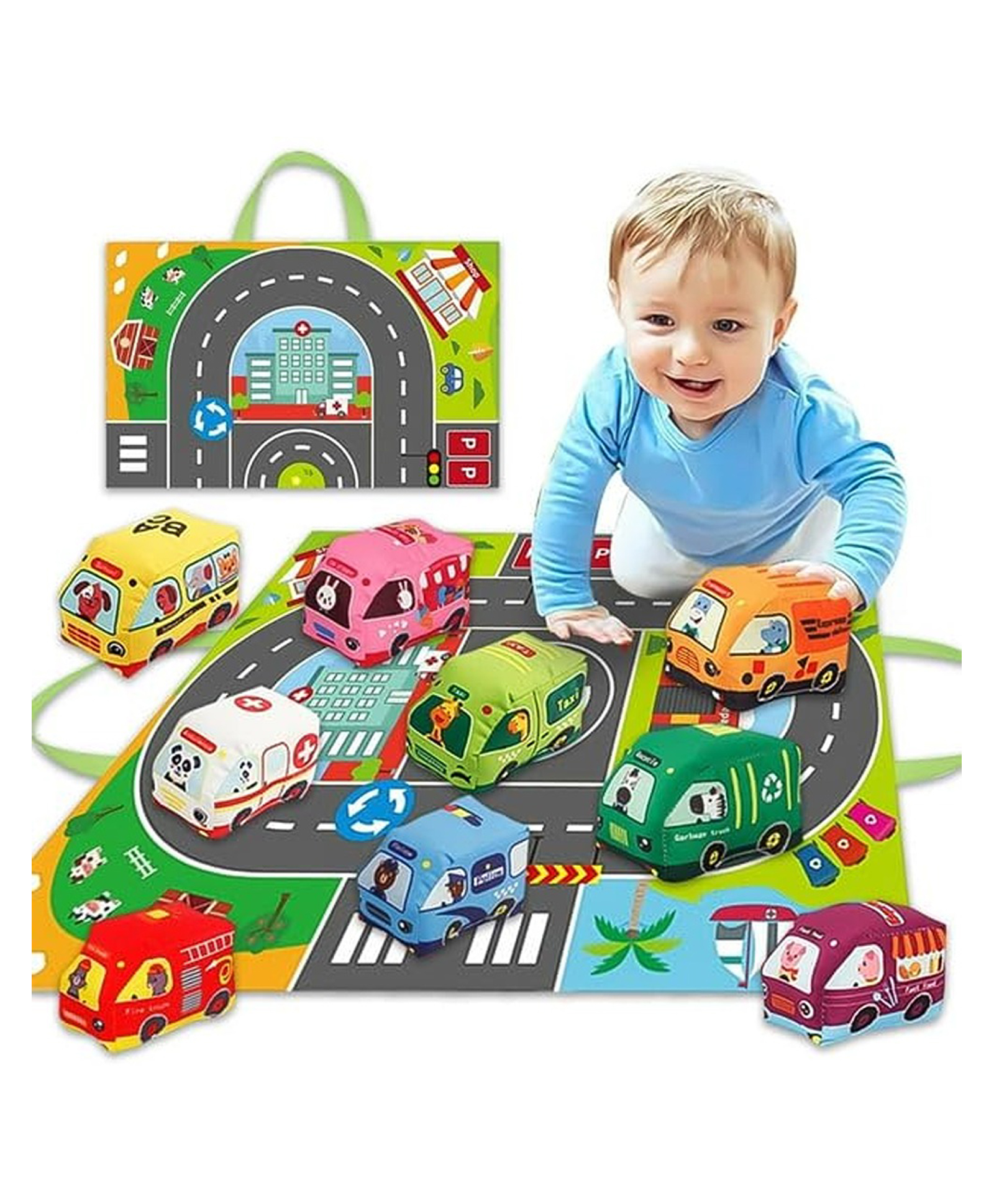 Happy Hues Soft Plush Car Toy Set with Play Mat/Storage Bag6-Piece Fun Educational Vehicles for Babies- Toddlers Ages 1-3 for Boys and Girls-picture-19