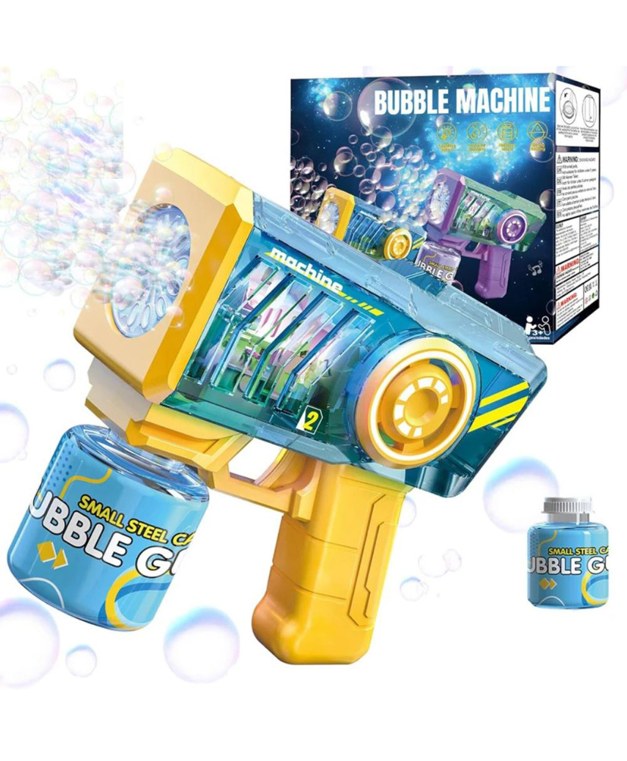 Happy Hues Automatic Bubble GunLED Light-Up Bubble Machine for Kids, Includes Bubble Solution, Perfect for Parties & Outdoor Fun- Blue & Yellow-image-9