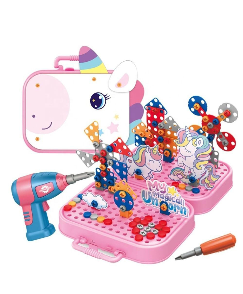 Happy Hues Unicorn DIY Electric Drill Screw Tool Set-Mosaic Puzzle 228pcs- 3D STEM Educational kit for Kids Construction and Building Block Kit-image-35
