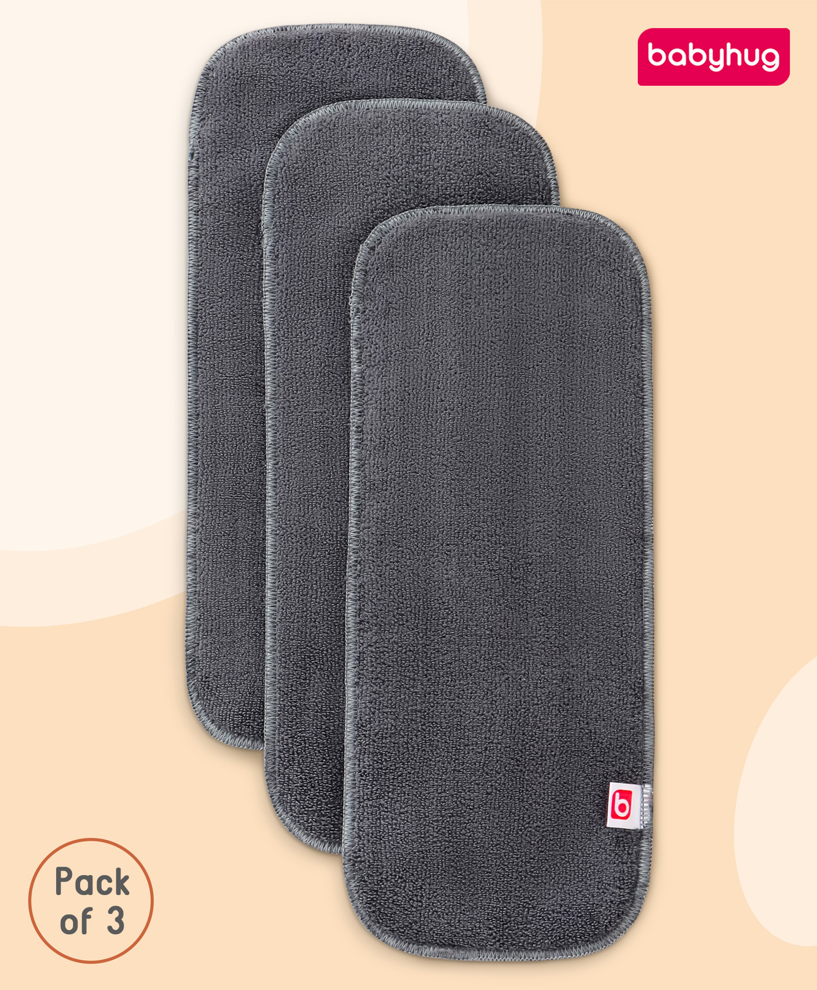 Babyhug Microfiber Solid Reusable Stay Dry 3 Layer Cloth Diaper Inserts Pack of 3 - Grey-image-1