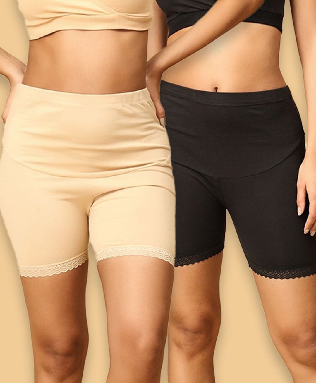 The Mom Store Cotton Pack Of 2 Solid High Waist Maternity Shorts - Black & Beige-picture-33