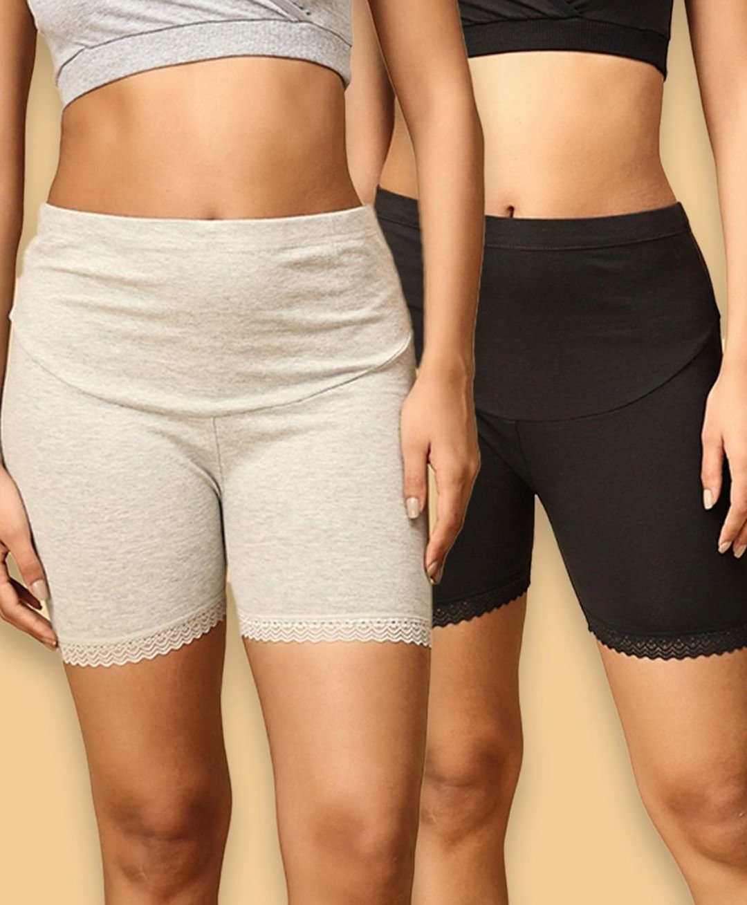 The Mom Store Cotton Pack Of 2 Solid High Waist Maternity Shorts - Grey & Black-picture-35