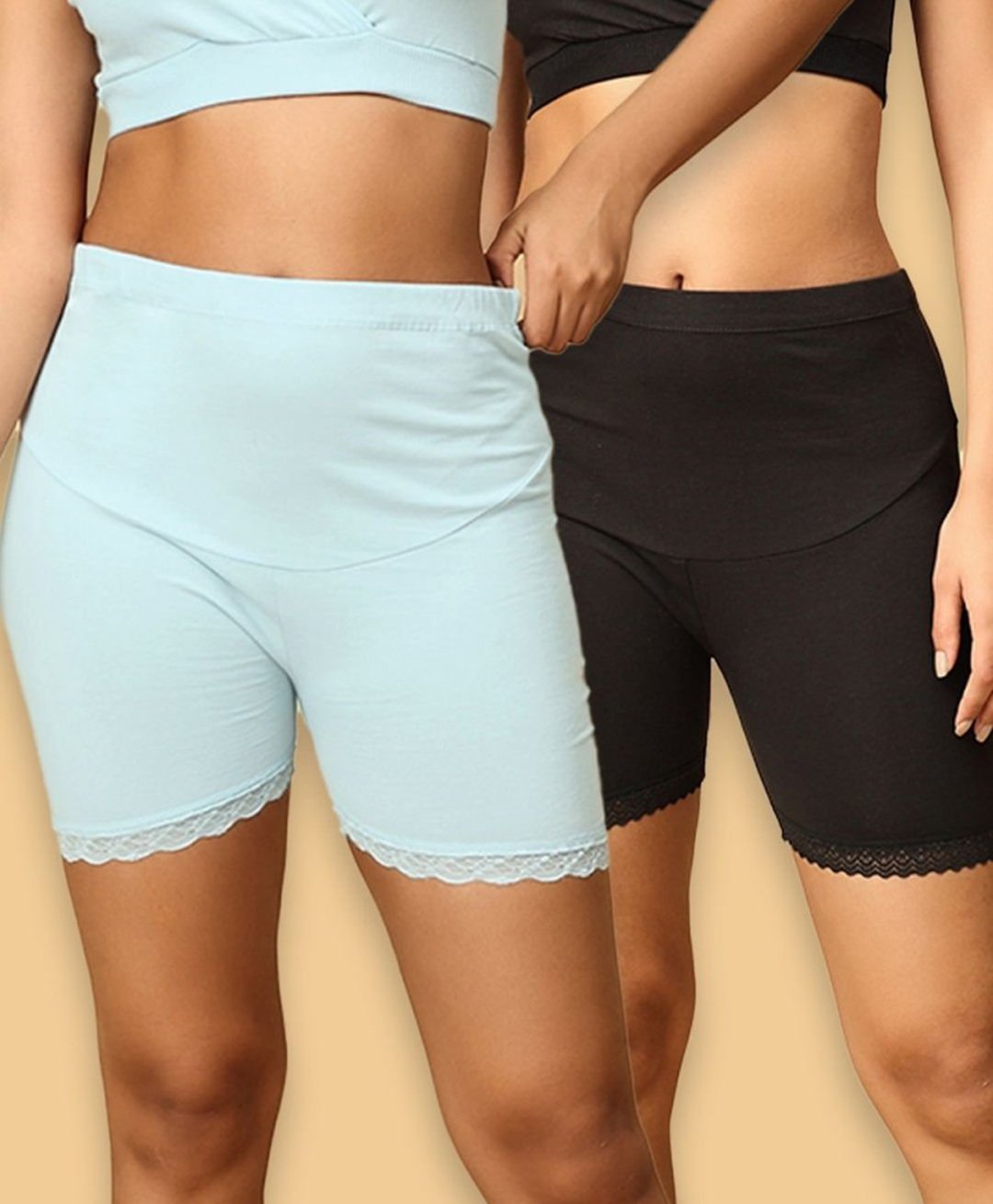The Mom Store Cotton Pack Of 2 Solid High Waist Maternity Shorts - Blue & Black-picture-39