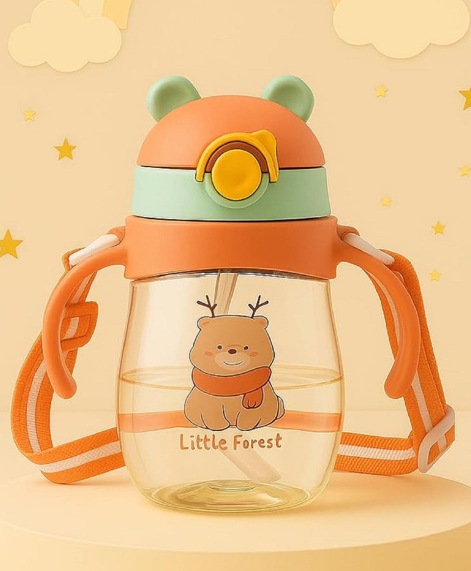 The Cheeky Kidzz Baby Premium Unbreakable Feeding Bottle Feeder 300ml Cute Cartoon Design With Twin Handles & Silicone Straw Sipper BPA Free (Orange)-image-39