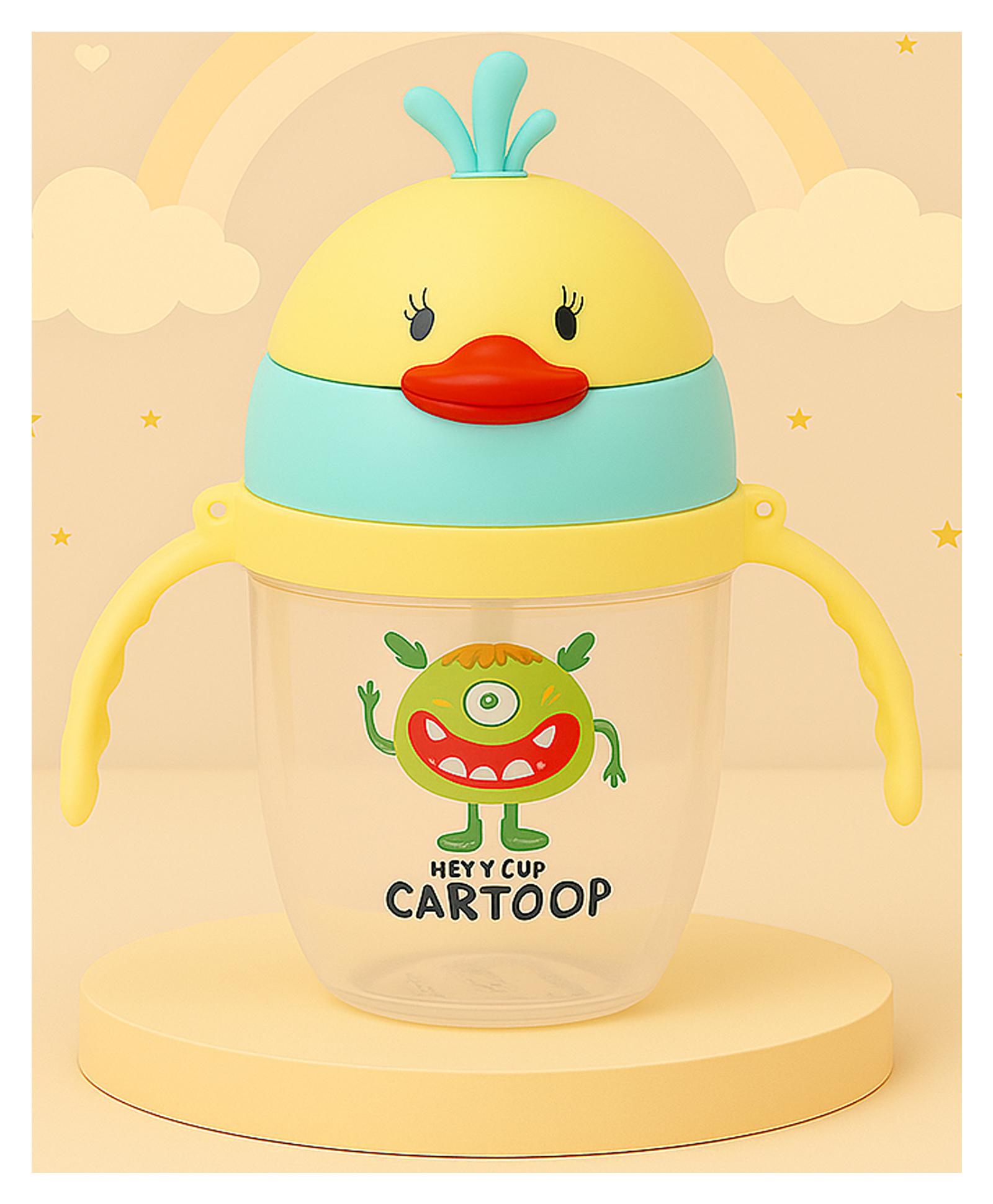 The Cheeky Kidzz Baby Premium Unbreakable Feeding Bottle Feeder 350ml Cute Duck Print With Twin Handles & Silicone Straw Sipper BPA Free (YELLOW)-image-19