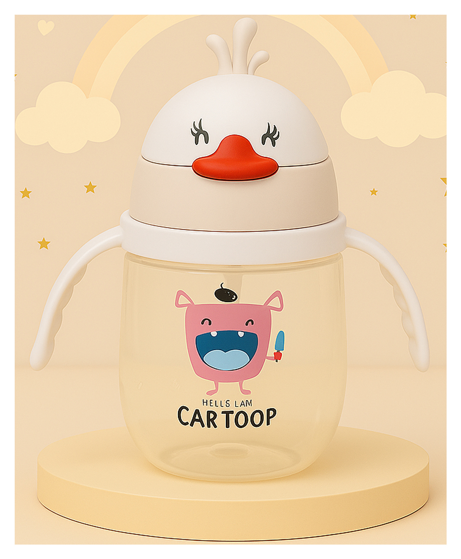 The Cheeky Kidzz Baby Premium Unbreakable Feeding Bottle Feeder 350ml Cute Duck Print With Twin Handles & Silicone Straw Sipper BPA Free (WHITE)-picture-16