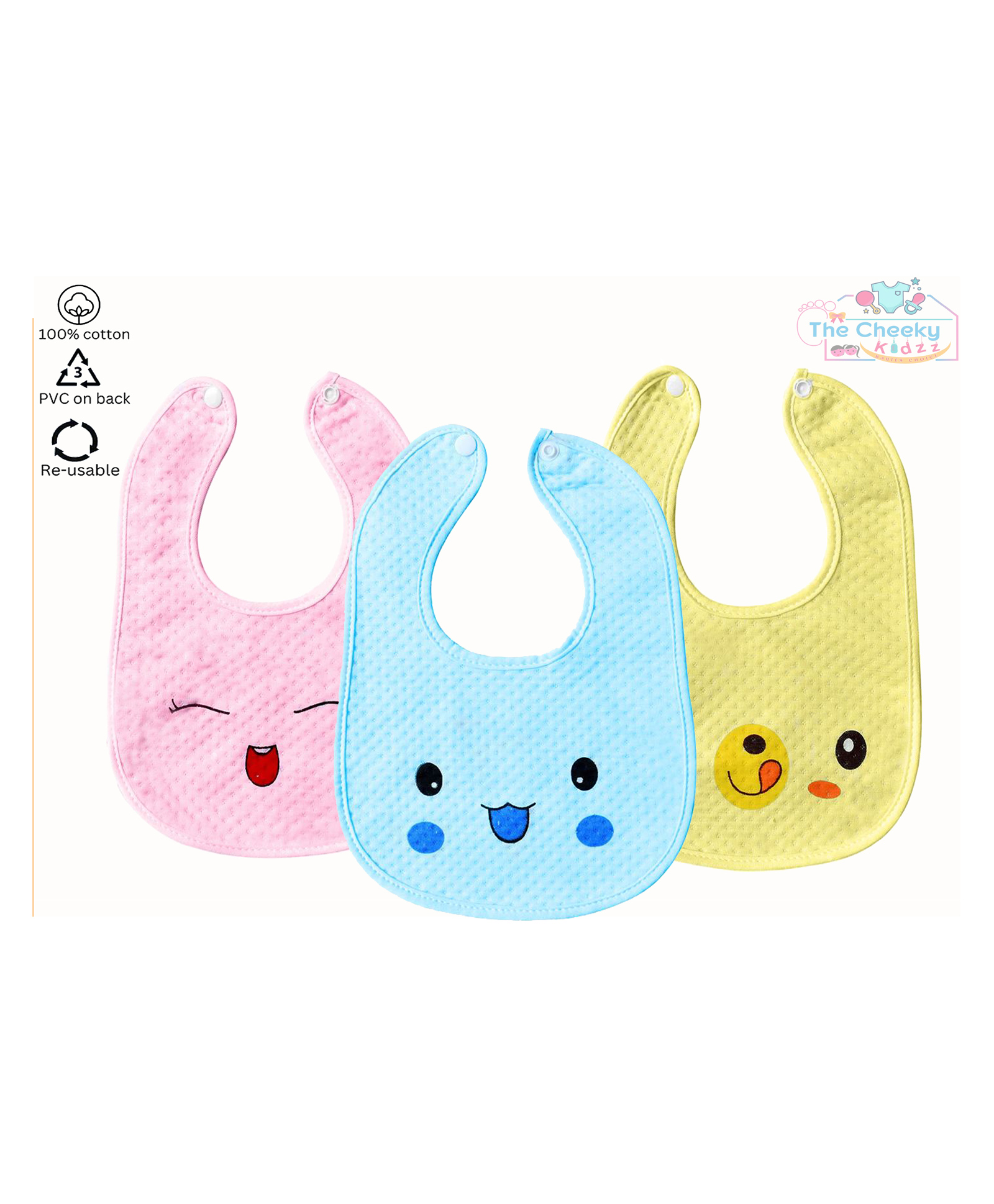 The Cheeky Kidzz Pack of 3 Baby Feeding Bibs Aprons For Babies Girls Boys Drool Bibs With Attractive Cute Face Prints Every Day Use Button Style Double Layered-picture-25