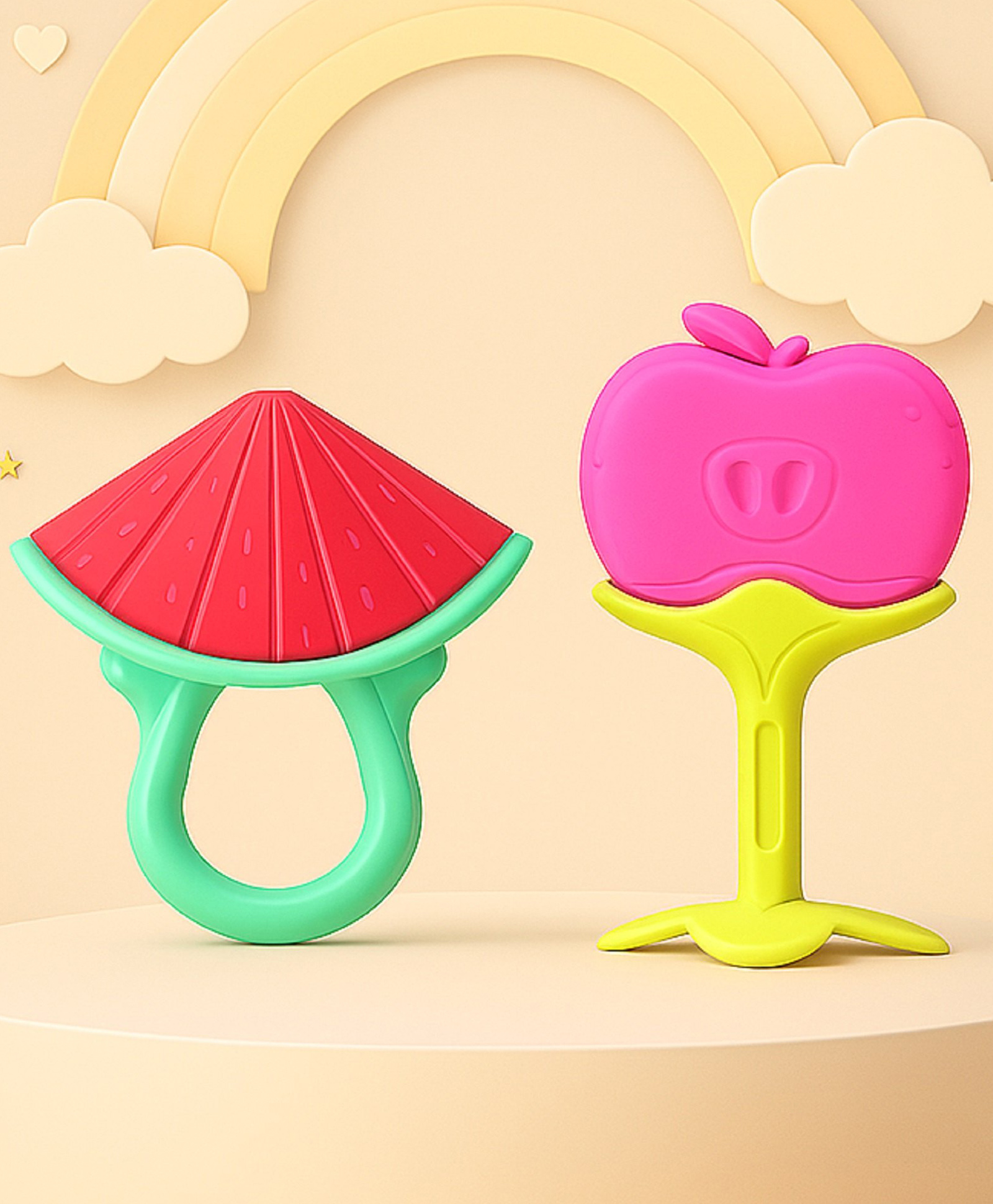 The Cheeky Kidzz Pack of 2 Baby Newborns Soft Silicone Fruit Shaped Teether Teething Toys For Massage BPA Free (RED)-image-17