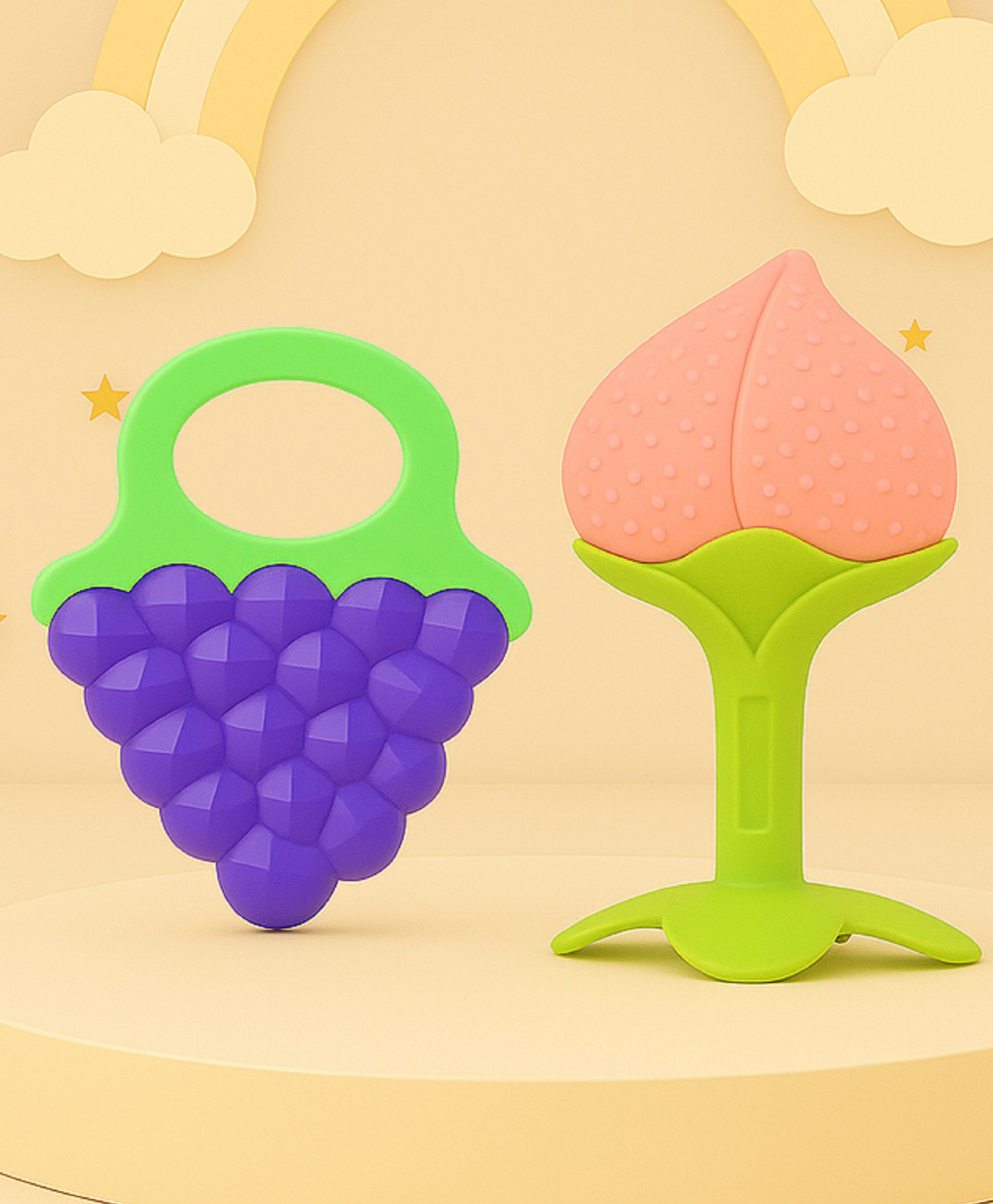 The Cheeky Kidzz Pack of 2 Baby Newborns Soft Silicone Fruit Shaped Teether Teething Toys For Massage BPA Free (PURPLE)-image-19